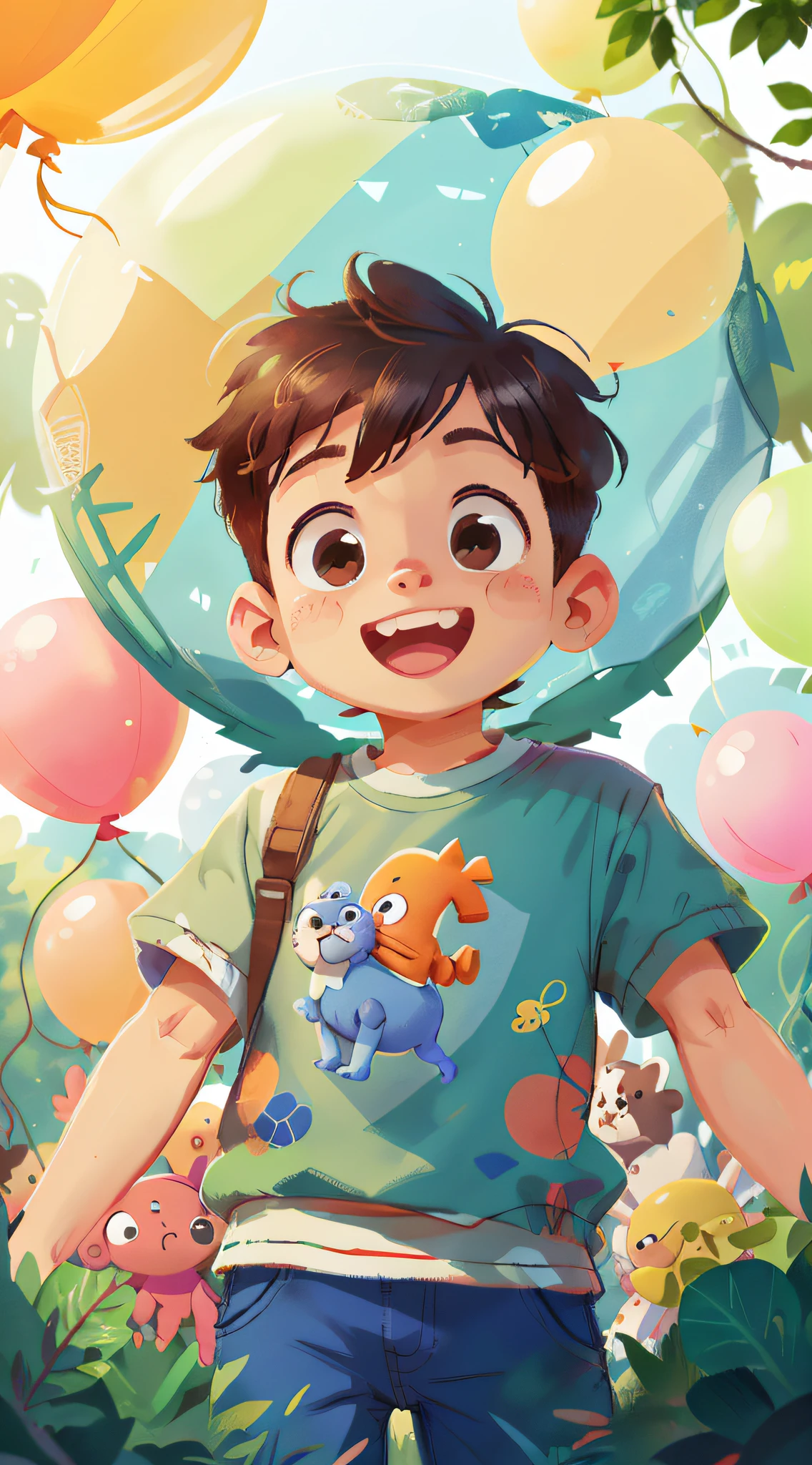 A boy, zoo, many balloons, happy, happy, perfect quality, clear focus (clutter - home: 0.8), (masterpiece: 1.2) (realistic: 1.2) (bokeh) (best quality) (detailed skin: 1.3) (intricate details) (8K) (detail eyes) (sharp focus), (happy)