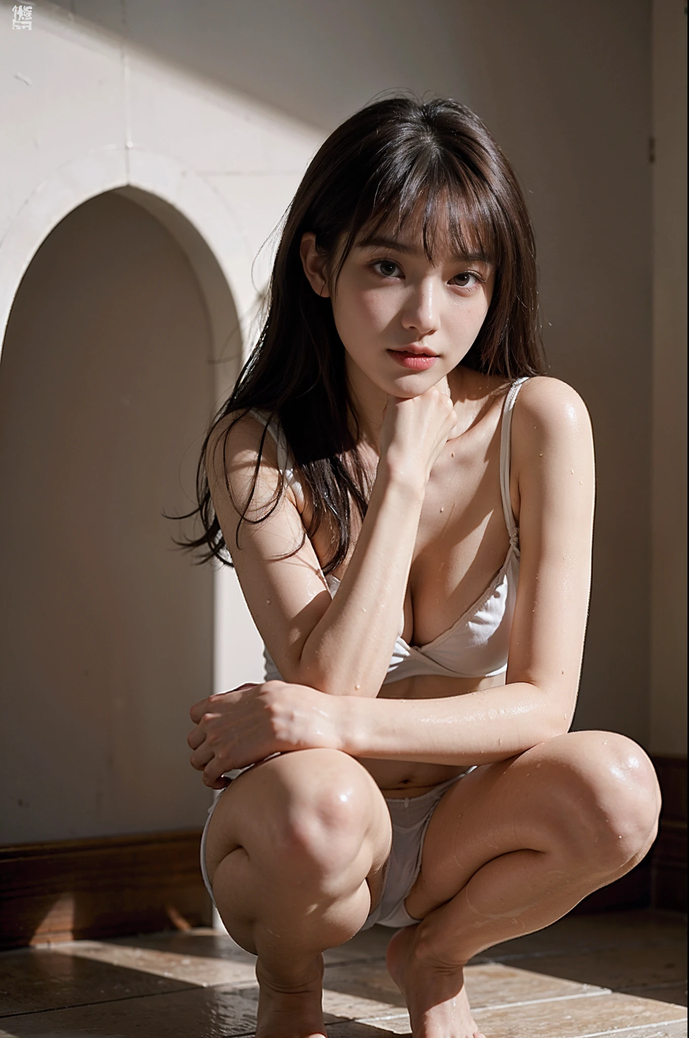 ((top-quality、16K、masterpiece:1.3))、Aya Shiina、20-year-old Asian woman、Beautiful woman with perfect body shape:1.3、((Brown hair))、((Beautiful breasts:1.3))、((a shower、White turbid water))、(((Bristles in transparent underwear)))、((浴室))、((the pose))、((Functional))、((crouching down、spread legswide))、((soaked breasts))、(((soaked body)))、(((Drenched pubic hair)))、Transparent underwear that bites into、Mansuji、Hair that covers the beautiful pubic area、Raw photo