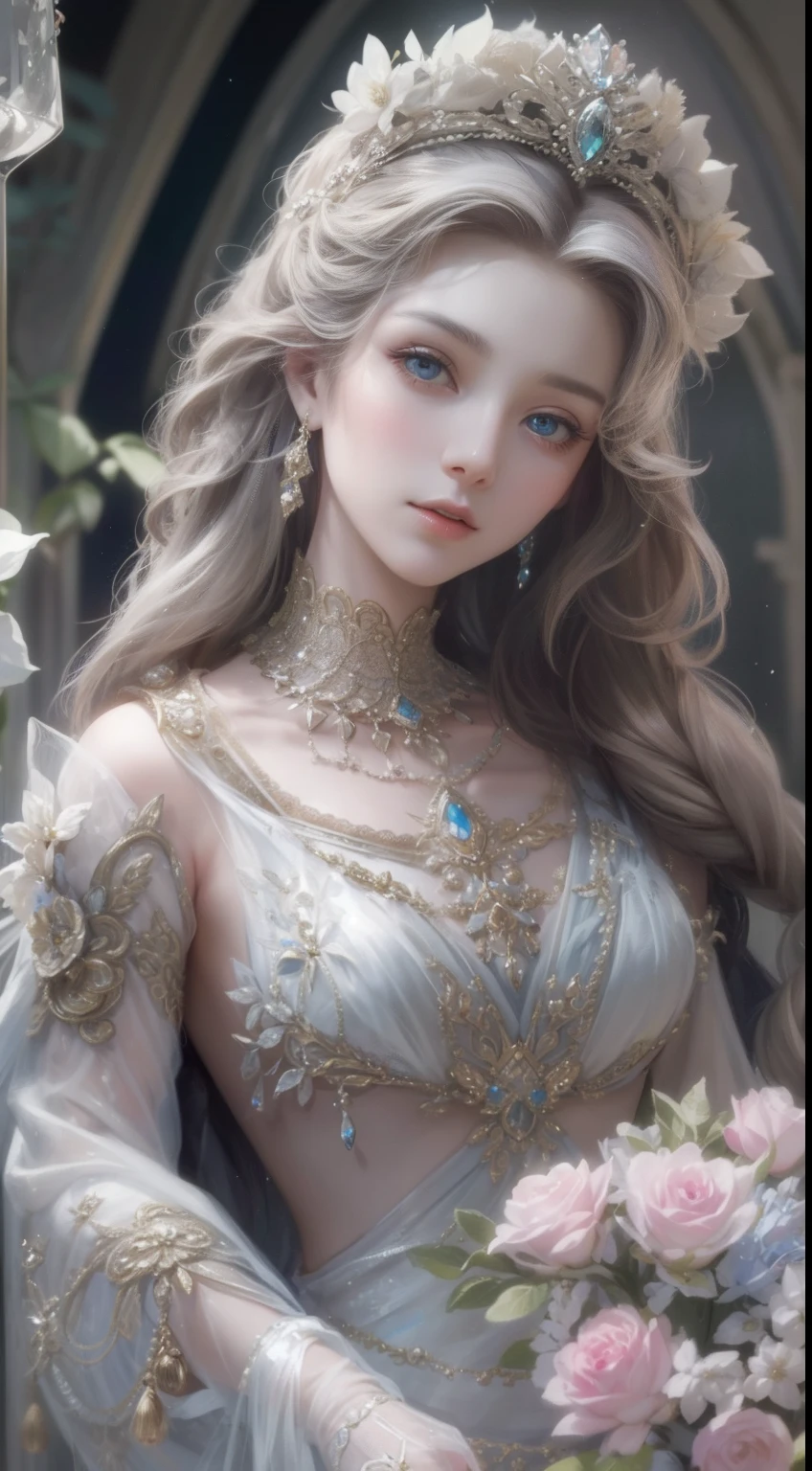 tmasterpiece,Highest high resolution,A bust of a beautiful royal maiden,Delicate braided hair,Coiled hair,Shining clear eyes,The hair is covered with beautiful and delicate floral craftsmanship, crystal、Diamond jewelry filigree,Ultra-detailed details,upscaled,softlighting。