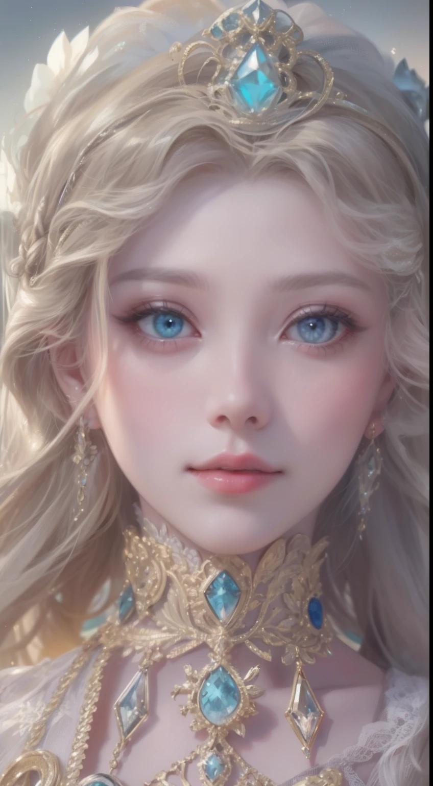 tmasterpiece，Highest high resolution，A bust of a beautiful royal maiden，Delicate braided hair，Coiled hair，Shining clear eyes，The hair is covered with beautiful and delicate floral craftsmanship, crystal、Diamond jewelry filigree，Ultra-detailed details，upscaled，softlighting。