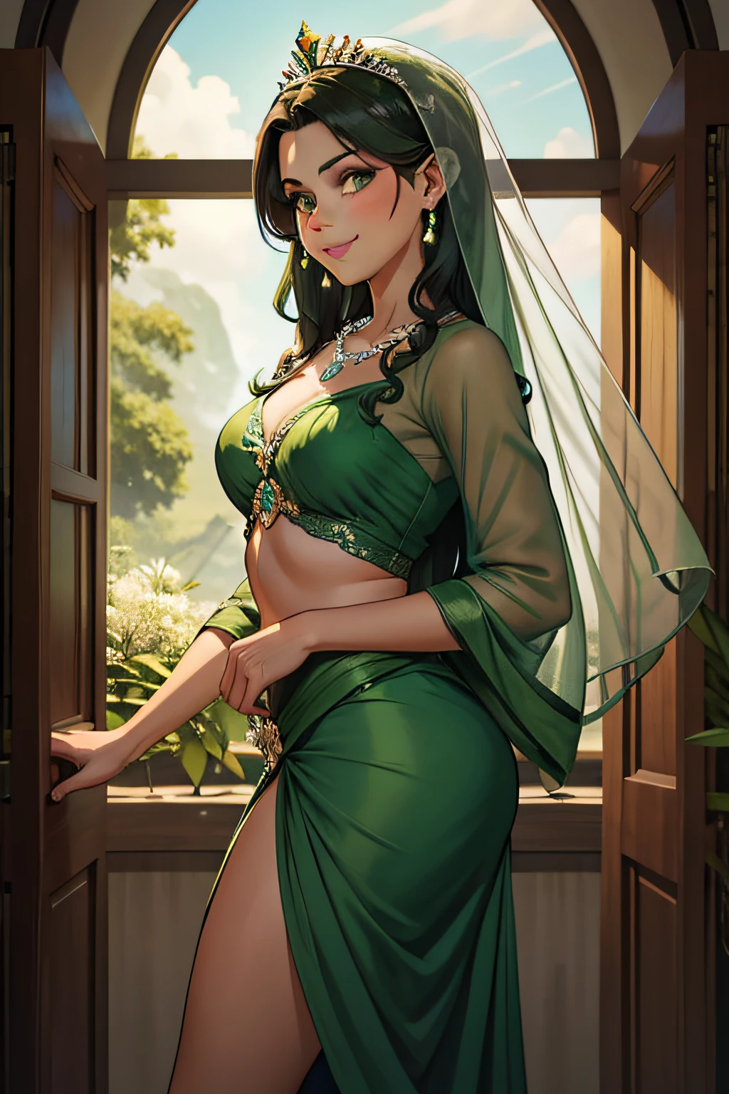 Solo Girl, thick legs, thick hips, small round, long red hair, hourglass body, extremely sexy body, (((transparent green short lehenga dress))), ((green pupils)), ((perfectly draped short lehenga skirt)), (((nsfw)), sexy, cleavage, (((no top))), ((camera angle from the front)), ((black hair)), (beautiful face), ((accurate anatomy)), (((bare breasts))), (((green cloth pallu draping on breasts)))