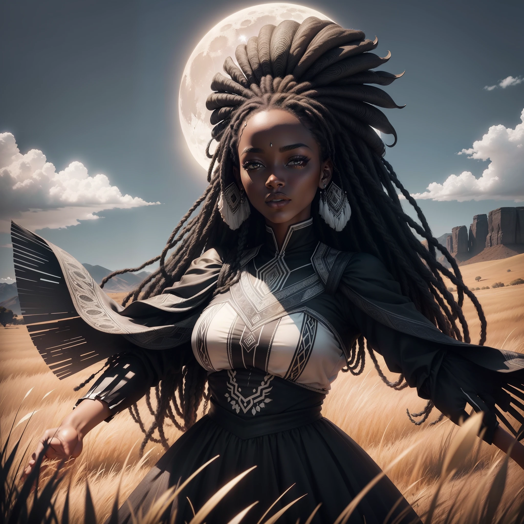 a black and white photo of a beautiful black woman in a field of grass African clothes, black and white scene only colour is from the Woman's clothes, sandy white moon landscape, with iridescent light, highly detailed images, vibrant beautiful colours, photorealistic image, 8k, ultra HD, unreal engine rendered, cinematic lighting, artgerm style,
