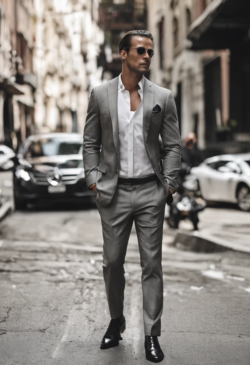 arafed man in a white shirt and black pants standing in a room, roupas sob medida, grey pants and black dress shoes, apelo masculino alta moda, vestido formal, Homem magro com pele branca, cabelos escuros, Macho bonito, male proportions, bonito e elegante, black suit pants, modelo masculino, modelo posando, with a business suit on, bonito e atraente