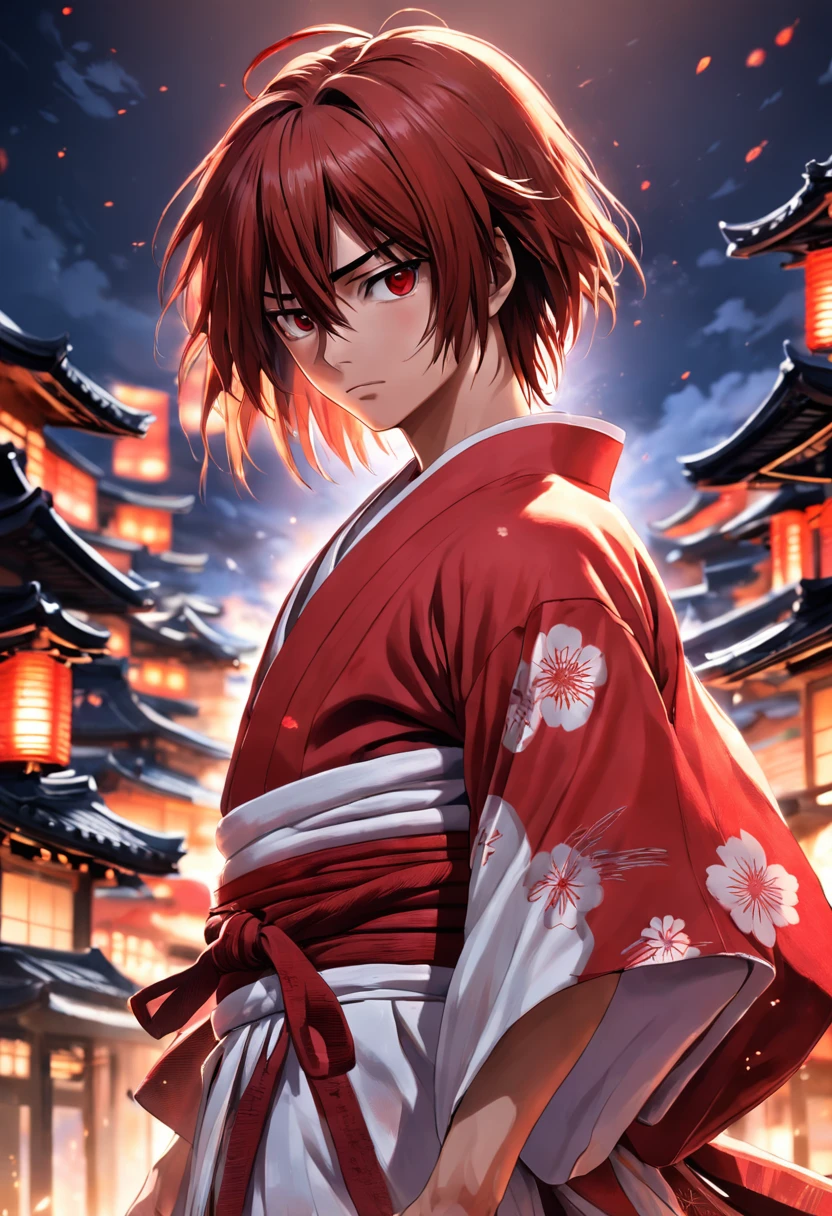 a highly detailed illustration of Kenshin Himura wearing his red and white kimono, Battle position, qualidade excepcional, dinamic pose, Night scenery, lighting dramatic, estilo de desenho hiper-realista."