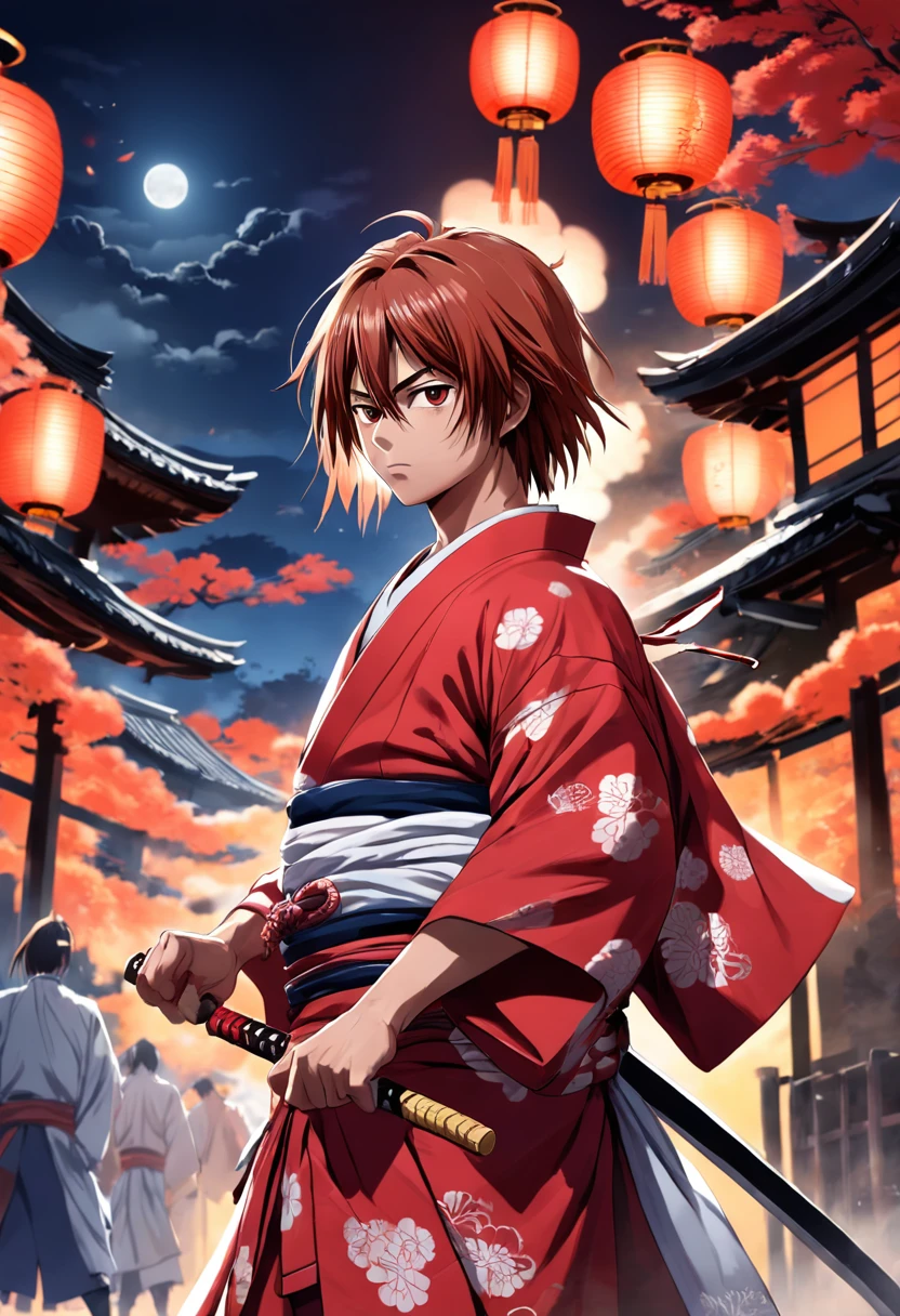 a highly detailed illustration of Kenshin Himura wearing his red and white kimono, Battle position, qualidade excepcional, dinamic pose, Night scenery, lighting dramatic, estilo de desenho hiper-realista."