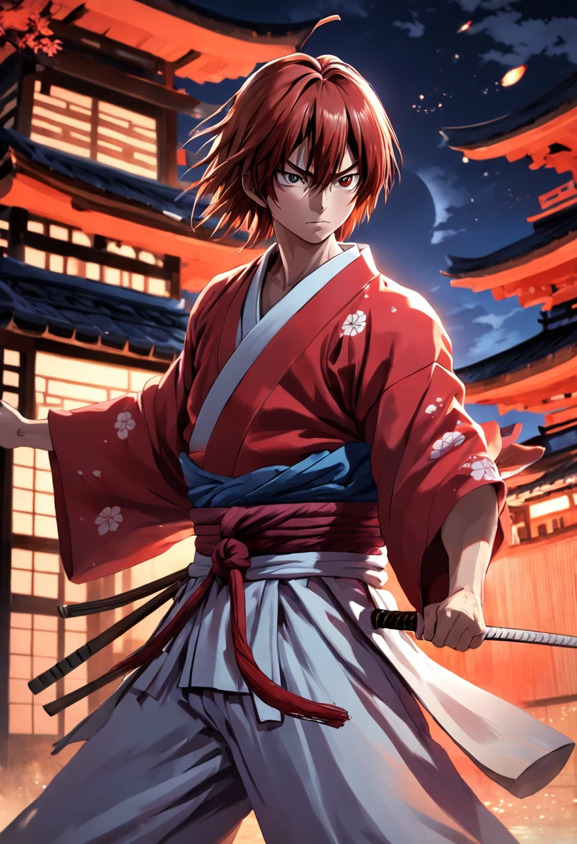a highly detailed illustration of Kenshin Himura wearing his red and white kimono, Battle position, qualidade excepcional, dinamic pose, Night scenery, lighting dramatic, estilo de desenho hiper-realista."