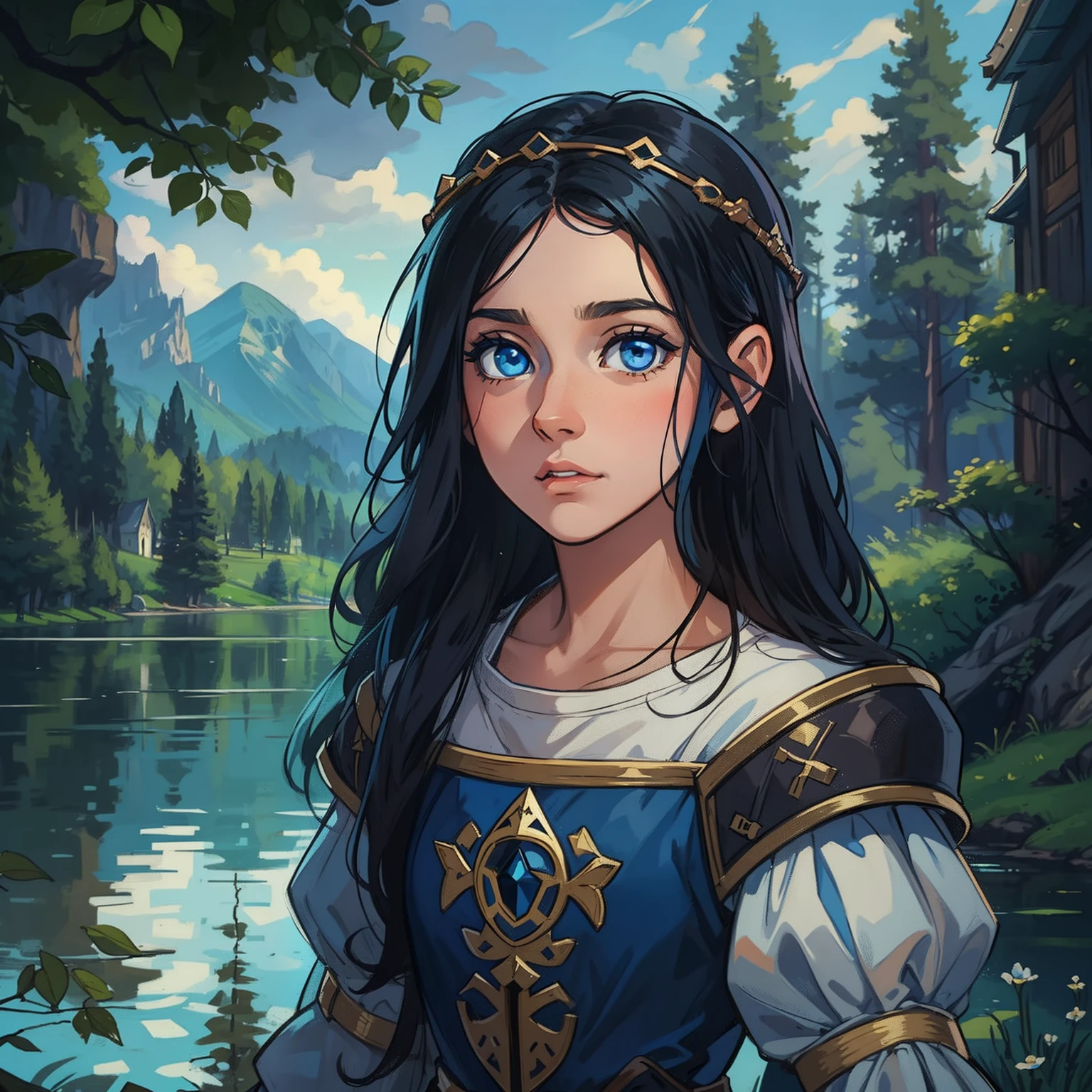 a portrait of a young age girl, a child, an elegant princess with blue eyes and black hair, an NPC for a medieval RPG wearing medieval costumes, in a medieval art RPG art, an approximate detail art, a beautiful forest and a lake on the background, blue sky, this child has a dark aura, she is evil;