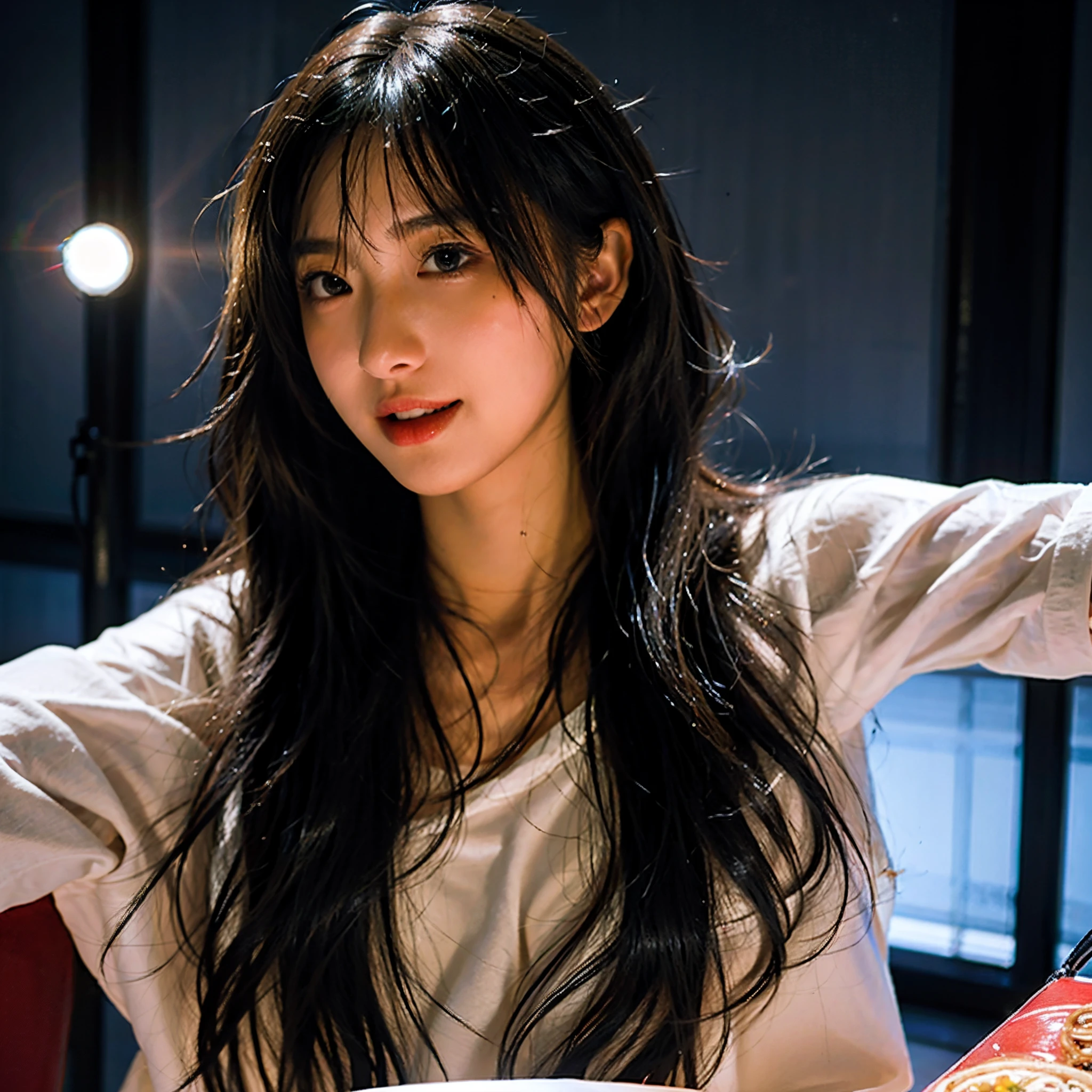 (masterpiece), best quality, ultra high res, close up, slim body, 1girl,school uniform, long hair, laughing, ramen, night, Tokyo restaurant background, colorful lights, photon mapping, radiosity, physically-based rendering, cinematic lighting, intricate, High Detail, Sharp focus, dramatic, photorealistic