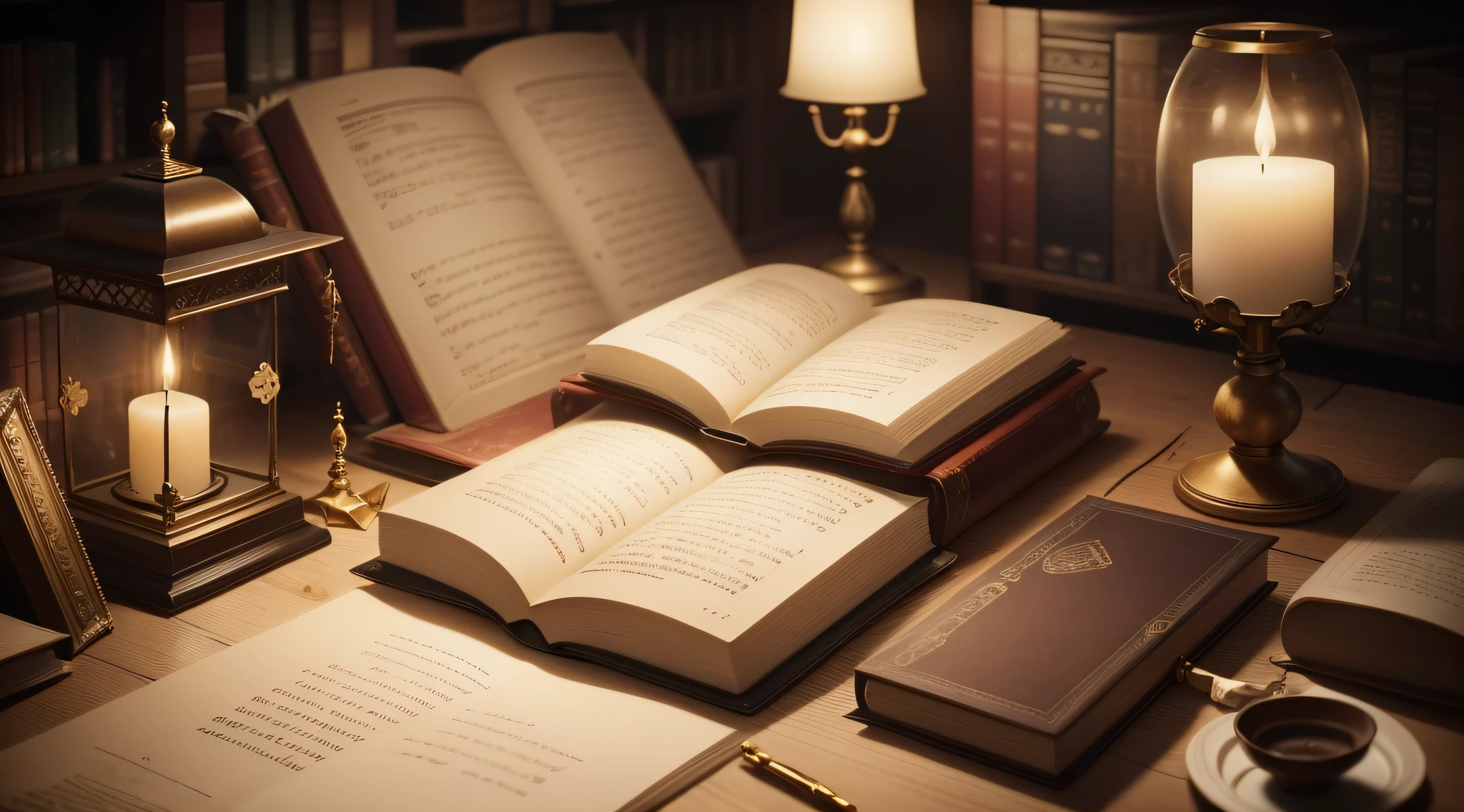 The image portrays a direct visual representation of the ancient view of intelligence.
In the center of the image, there is a classic wooden table with objects that represent the belief of the past about intelligence. On the table, there is an open book, displaying mathematical formulas and complex diagrams, symbolizing the ability to solve complex problems.
Beside the book is an ancient quill in an inkwell, evoking the idea of written knowledge and wisdom. A chandelier of lighted candles emits a soft light, creating an atmosphere of study and concentration.
The lighting is directed towards the table, highlighting the details of the mathematical formulas, the pages of the book and the pen. The color palette is subtle and appropriate for the atmosphere portrayed, with shades of brown and gold predominating.
There are no visual distractions in the image, keeping the focus on the essential elements.
In summary, the simple and objective image represents the old view of intelligence, linked to the ability to solve complex problems and written knowledge. It portrays the atmosphere of study and learning characteristic of this conception.