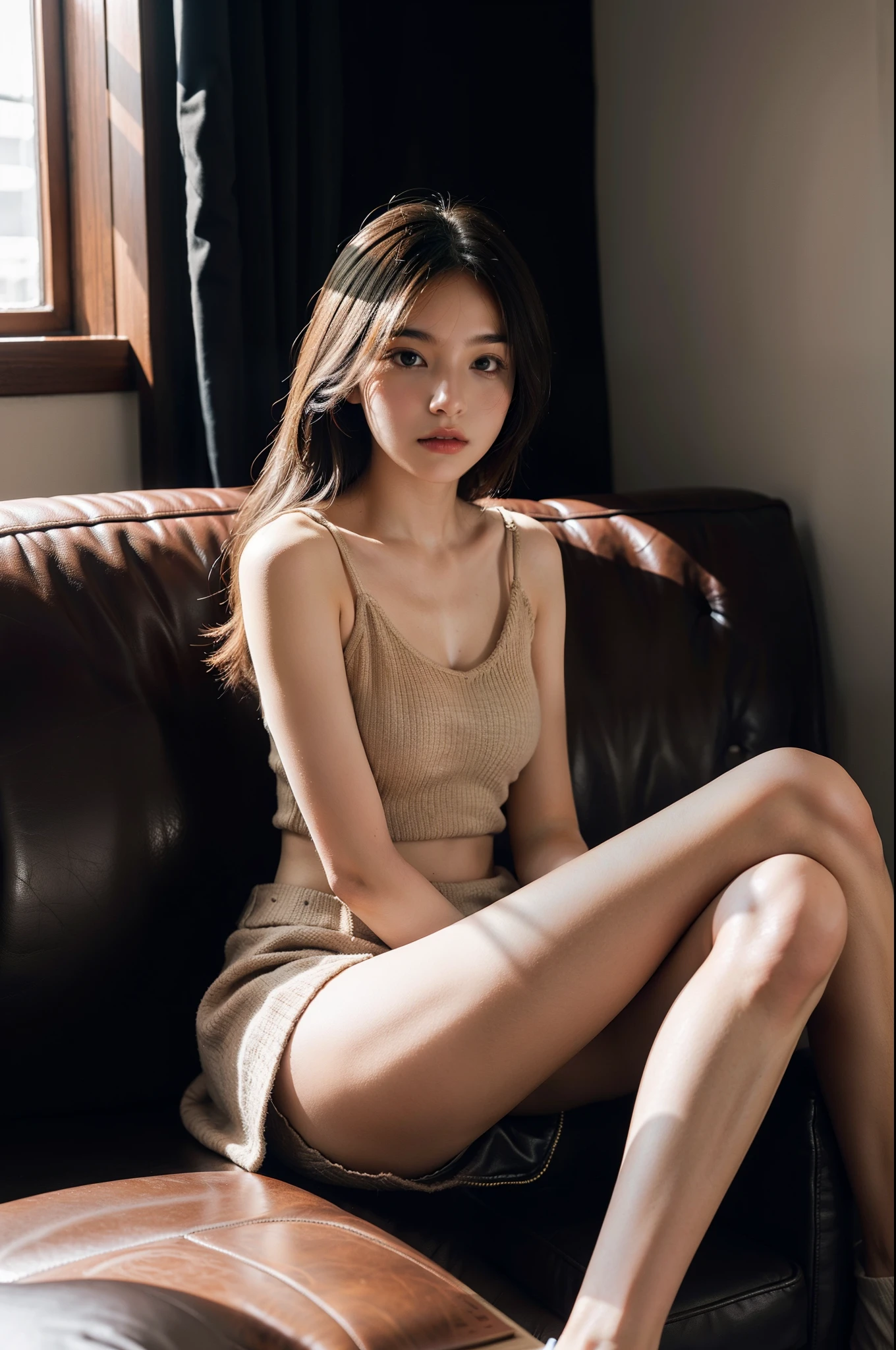 1girll,Sit on a comfortable sofa,Cross ed leg,Soft light