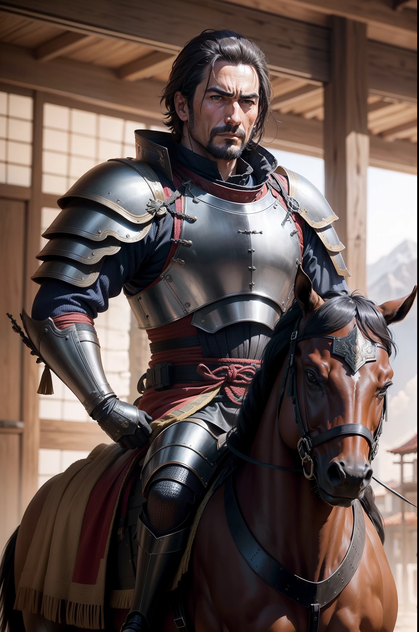 Spaniard，Middle aged，Shogun，Armor，domineering side leak，ride horse，The face of vicissitudes，A look of determination，army suit，long leges