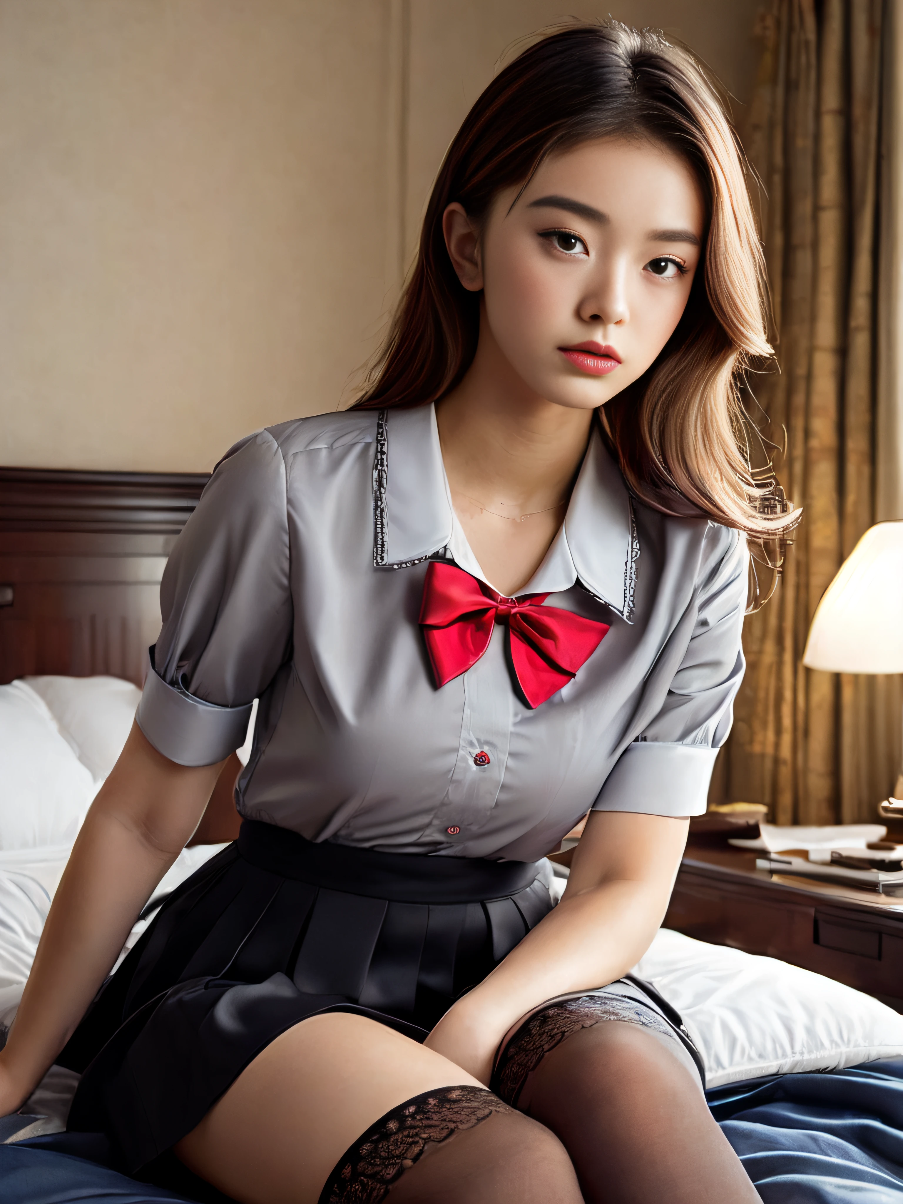 focusing area: dynamic point (21 points), general planes, a photorealistic full body portrait of a stunningly beautiful schoolgirl without make-up, , in her room, sitting on the bed, sexy and lustful, perverted, seductive look towards the camera, the blouse completely unbuttoned, schoolgirl uniform, grey v-neck blouse with lace and neckline, black short skirt with pleats and butterfly patterns, grey knee-high stockings with diamond patterns, red bow, extremely detailed light hazel eyes, detailed symmetric realistic face, extremely detailed natural skin texture, peach fuzz, messy hair, masterpiece, absurdres, nikon d850 film stock photograph, kodak portra 400 camera f1.6 lens, extremely detailed, amazing, fine detail, rich colors, hyper realistic lifelike texture, dramatic lighting, unrealengine, cinestill 800 tungsten, looking at the viewer, photo realistic, raw photo, high quality, highres, sharp focus, extremely detailed, cinematic lighting, 8k uhd