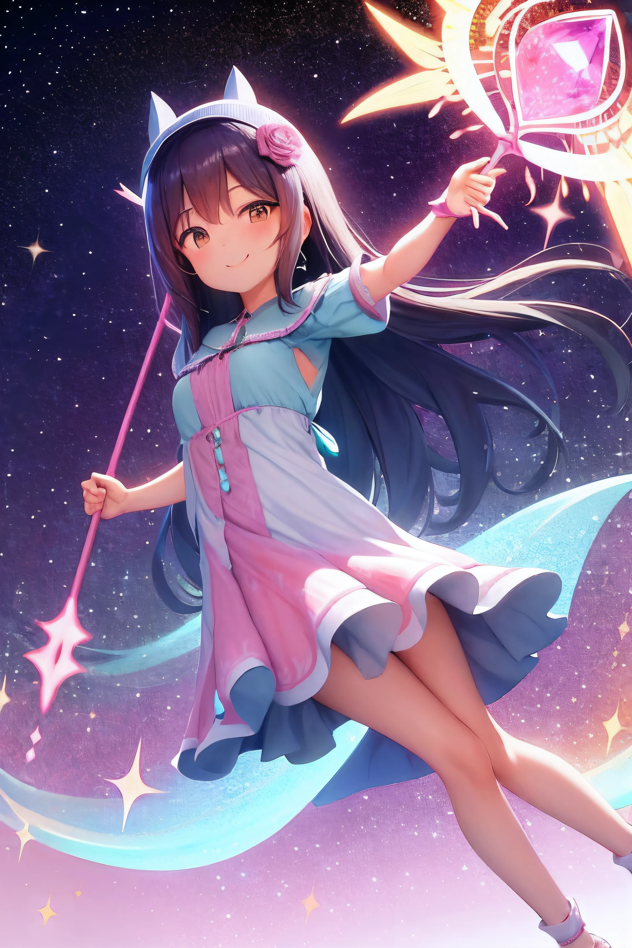Garota fofa baixinha sorrindo, flies over the sky in the morning, usando roupas rosas e cheias de babados, while holding a childish magic staff at heart. Fundo desfocado, Magical pink sparkle and aura effects. Ponto de vista terceira pessoa, de baixo.