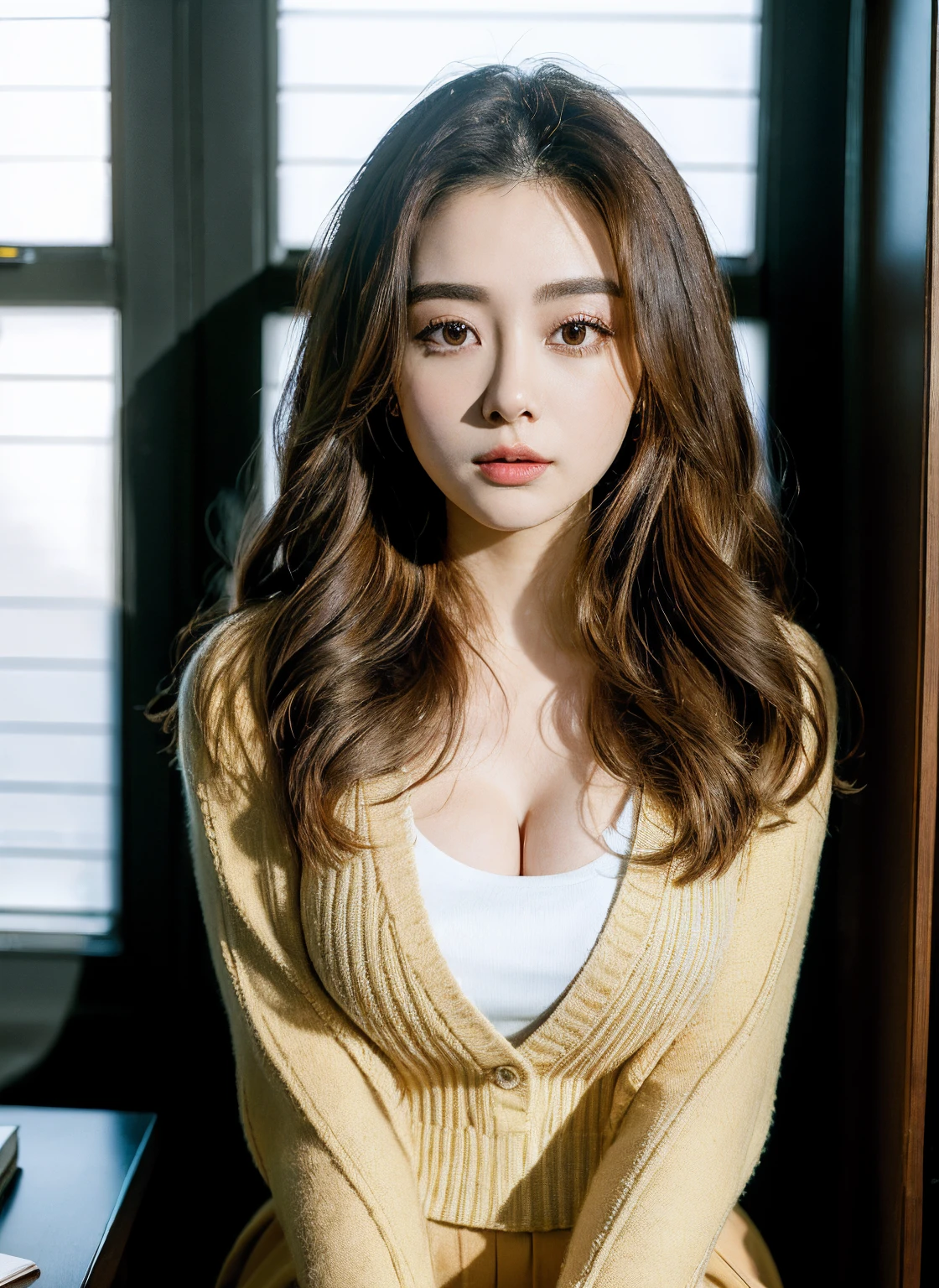 25 years old female, soio, A secretary, stunningly beautiful, (top-quality、8K、32K、tmasterpiece、NFFSW:1.3)、超A high resolution,(Photorealsitic:1.4),RAW photography, Detailed face,,Beautiful hair, Pink shirt,((Secretarial style)), thicc body, Tight skirts、 Natural makeup, Breast cleavage, Inside the office, Detailed background, Perfect lighting, depth of fields, Beautiful shadow gradient, ,