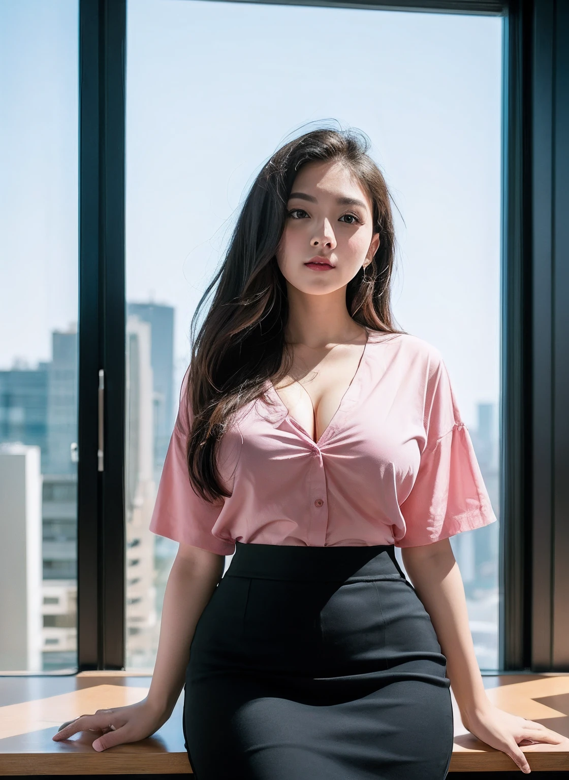 25 years old female, soio, A secretary, stunningly beautiful, (top-quality、8K、32K、tmasterpiece、NFFSW:1.3)、超A high resolution,(Photorealsitic:1.4),RAW photography, Detailed face,,Beautiful hair, Pink shirt,((Secretarial style)), thicc body, Tight skirts、 Natural makeup, Breast cleavage, Inside the office, Detailed background, Perfect lighting, depth of fields, Beautiful shadow gradient, ,