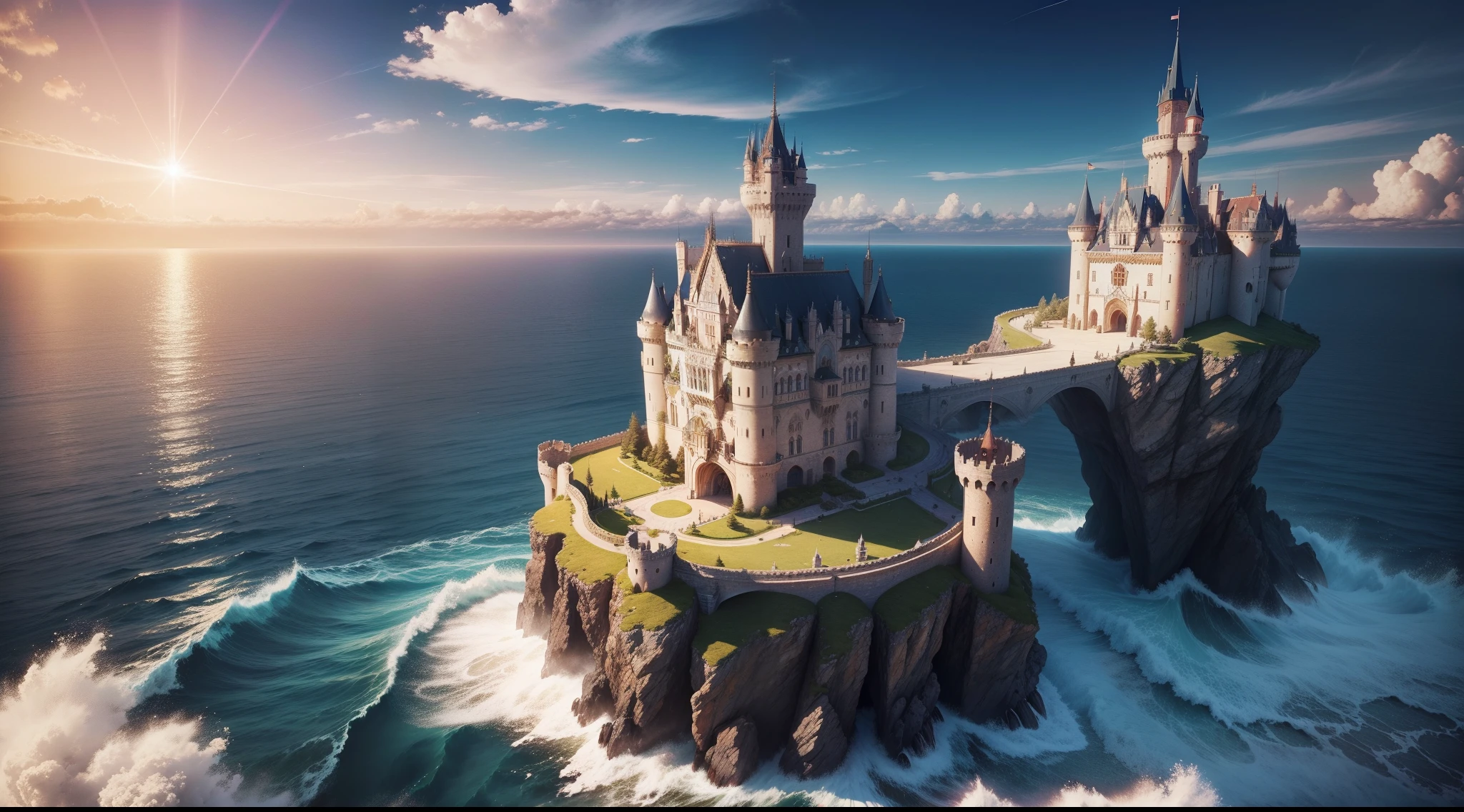 A beautiful castle floating on the ocean, solar rays, 4k highest quality largest size,
