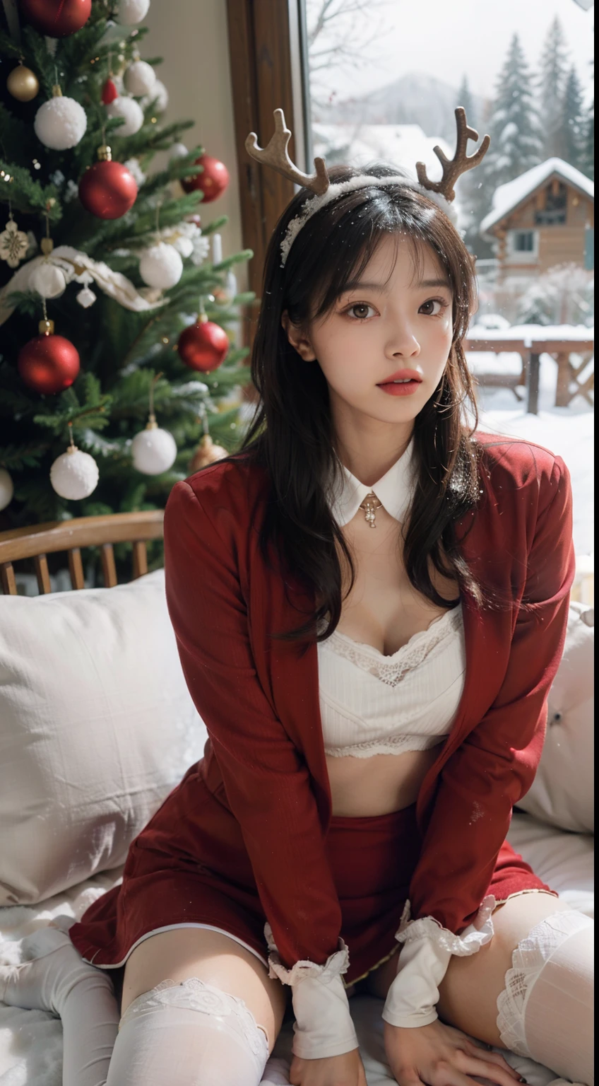 A woman in sexy costume poses in front of a Christmas tree, breast enhancement,reality,offcial art,8K quality,Super detail,fine detail skin,Movie Angle,cinematic textures,Masterpiece,Best picture quality,1 girl,Zhu lips,Messy hair,pantyshot,underbust,1girll,Whole body,White_Stockings,Lace，Long hair,upper legs,Lace,White stockings，Wear a red velvet jacket , A girl in a red velvet jacket stands in the snow,Velvet set，There is snow on the trees，Snowflakes fall from the sky，There is a cabin next to the girl，The chalet was covered in snow，SnowRoom，The girl has antlers on her head, christmas dress，Santa Claus set，Korean girl, 4k post, a wide full shot,