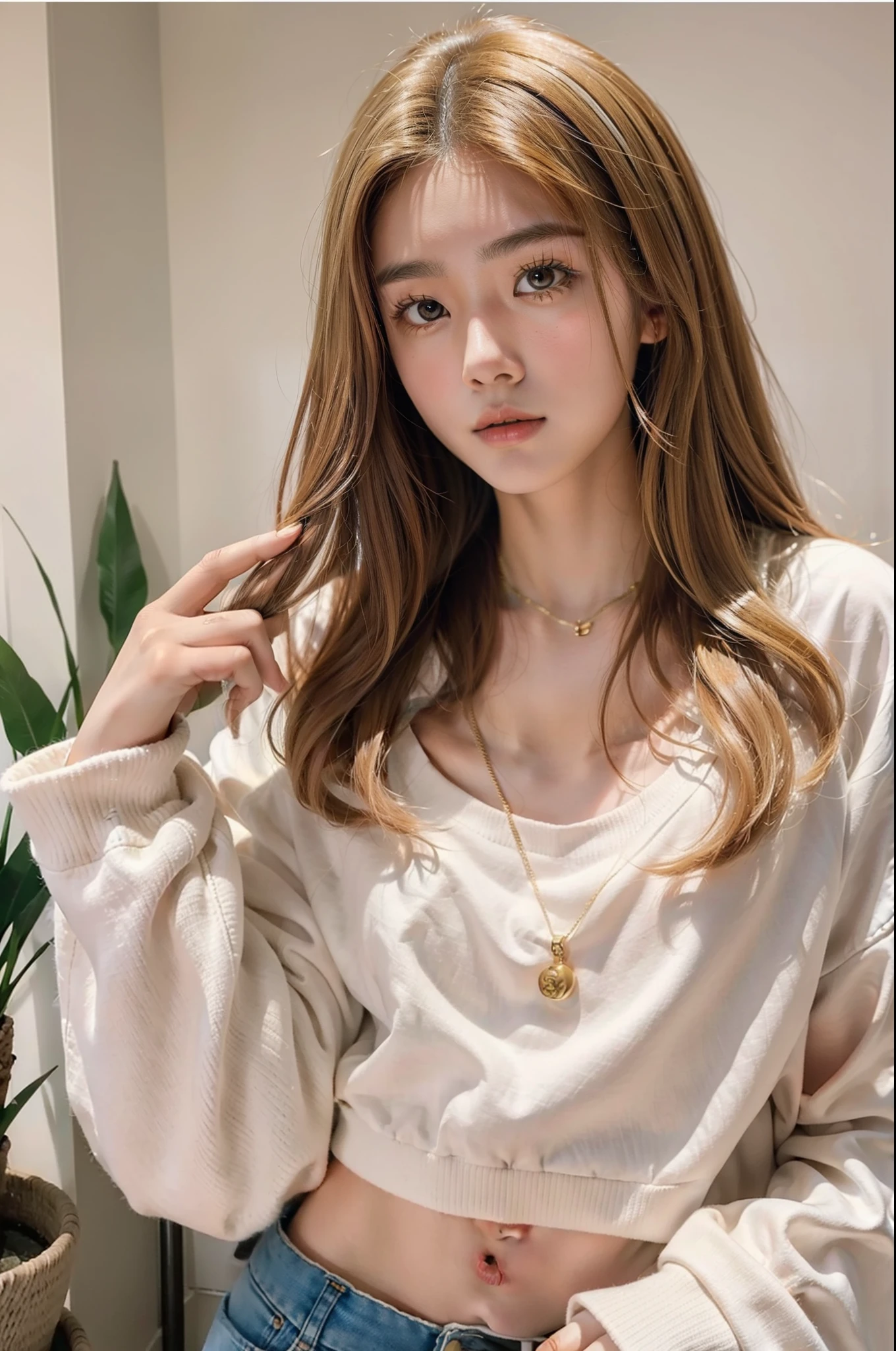18-year-old Korean , with golden hair , wide eyes