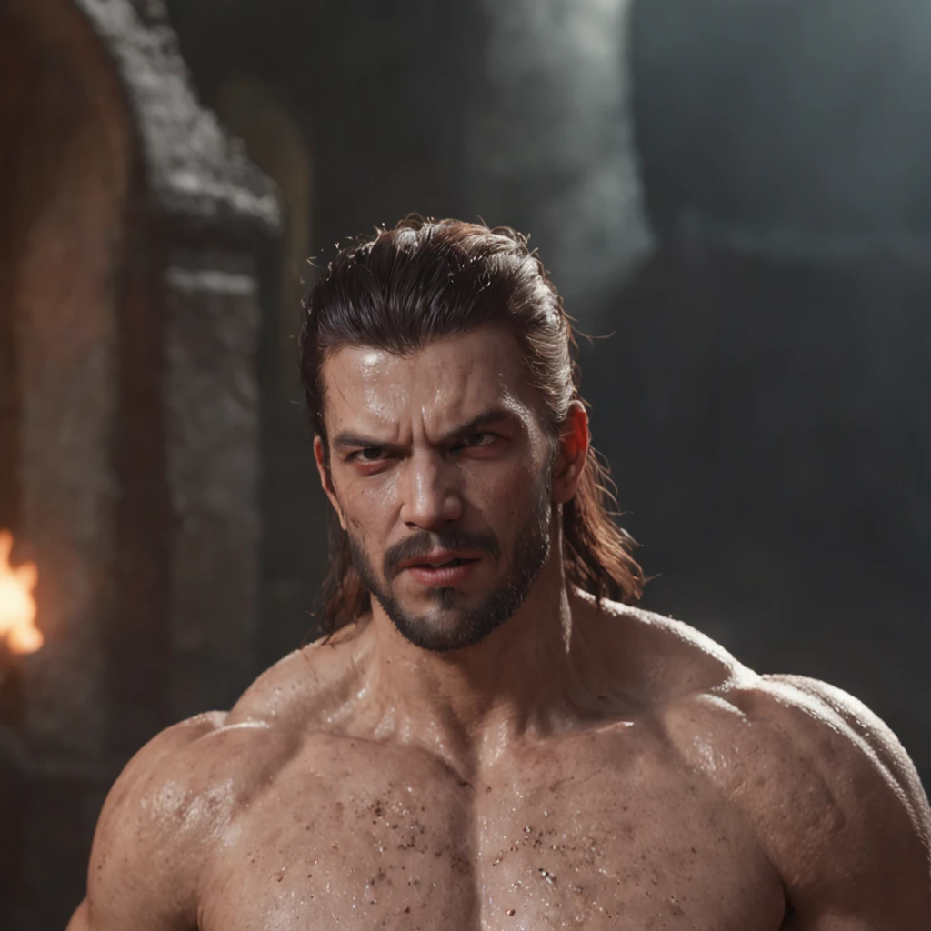 (professional 3d render:1.3) af (Realistic:1.3) most beautiful artwork photo in the world，Features soft and shiny male heroes, ((Epic hero fantasy muscle man rough wet hero angry looking long hair short beard and ferocious expression in dynamic pose, Fantastic location, Majestic cluttered environment)), Full body 8K unified rendering, action  shot, skin pore, very dark lighting, heavyshading, Detailed, Detailed face, (vibrant, photograph realistic, Realistic, Dramatic, Dark, Sharp focus, 8K), (Old leather garments damaged by weathering:1.4), ((((Wear fur)))), (Intricate:1.4), decadent, (Highly detailed:1.4), Digital painting, rendering by octane, art  stations, concept-art, smooth, Sharp focus, illustration, Art germ, (loish:0.23), wlop ilya kuvshinov, and greg rutkowski and alphonse mucha gracias, (Global illumination, Studio light, volumettic light), heavy rain, particles floating, lotr, fantasy, elf, full bodyesbian, ((Dark and ancient city background:1.3)),CGSesociety,art  stations