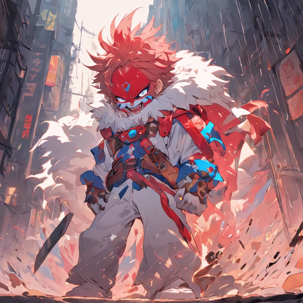 Thundercat, white fur, super hero costume, clown-like, colors are mostly red and blue, a jagged shovel is the weapon of choice, best quality, masterpiece