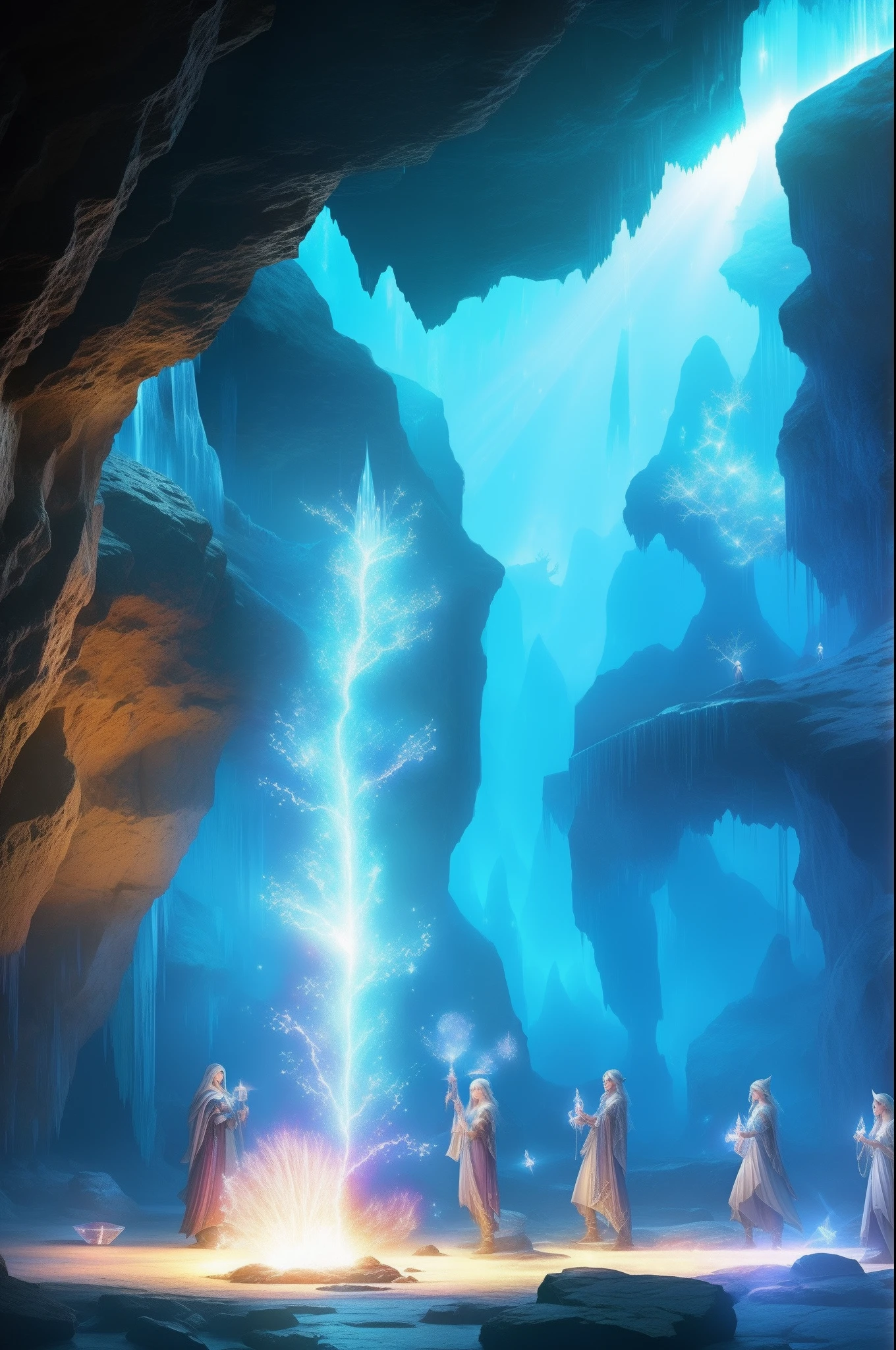 A large cavern alight with floating blue crystals aglow with an inner light, several female elves stand together overlooking a single crystal sphere leaking steam-like magical energy