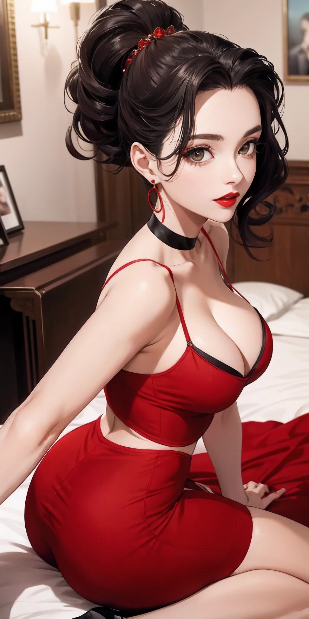 realista、female, 50 anos、vista posterior、Emphasis on the glute、penteado elegante、thick, red lips、Pose with straight arms、Roupa interior branca na parte superior e inferior、Mamas aumentadas、Cleavage emphasis,Olhando para isso,Zoom facial,Abra bem a boca,quarto escuro、red lips、bochechas um pouco vermelhas、sexy、Quartos