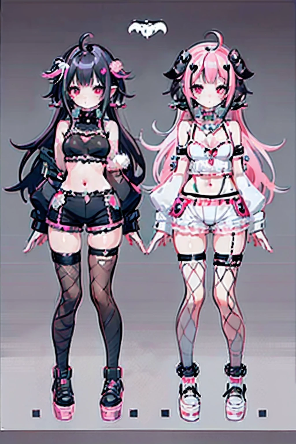 (best softness:1.2),(cute illustration:1.2), (decora accessories:1.4), (succubus:1.3), black and pink outfit with multicolored hair, demon beautiful long hair, detailed outfit with white fishnets, (white fishnets:1.2)