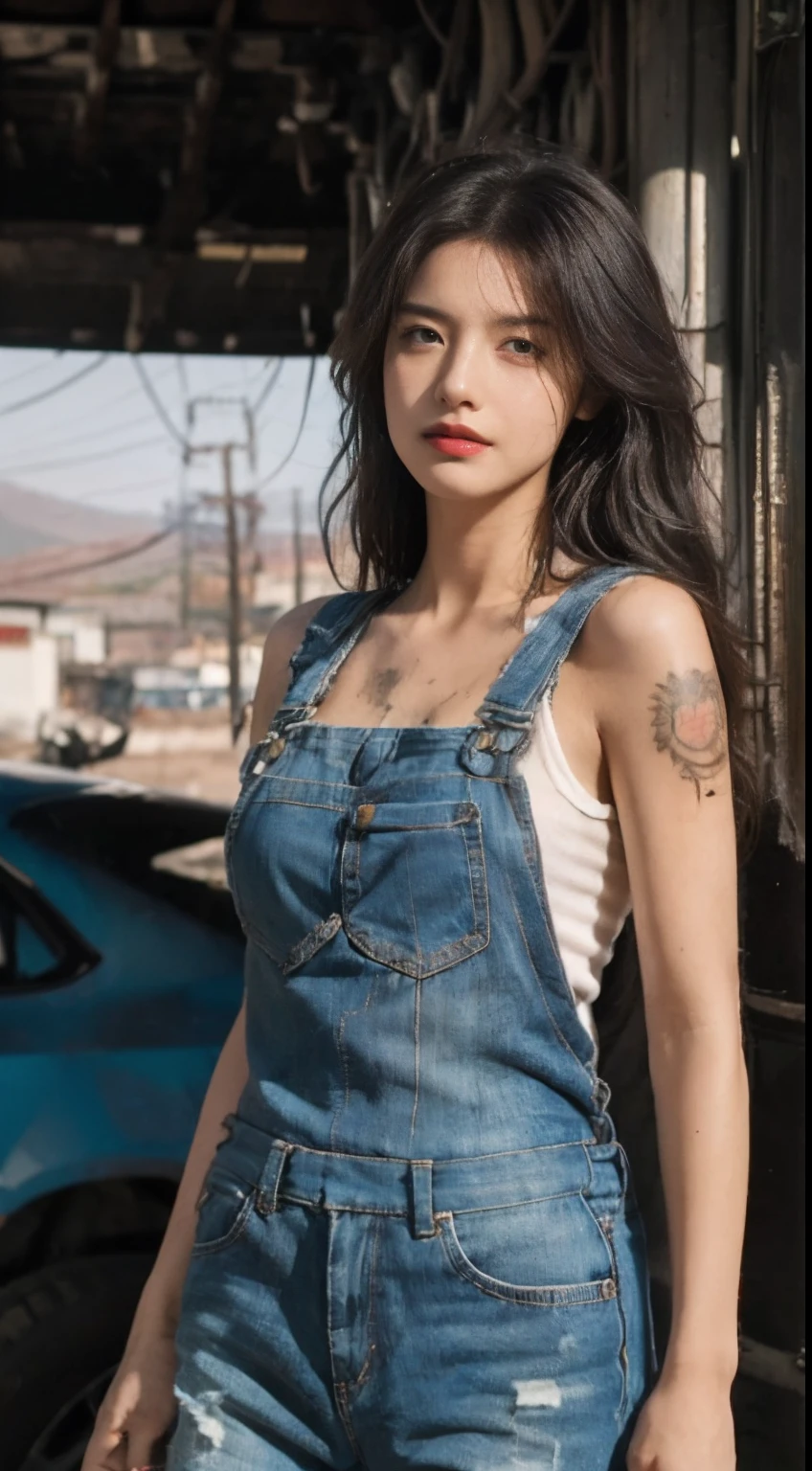 ((best quality)), ((masterpiece)), (detailed), mesmerizing and alluring female mechanic covered in grease, (Dirty and rugged charm:1.2), (tough and confident demeanor:1.1), (mechanical expertise:1.3), disheveled hair, smudged face with a playful smirk, stained overalls clinging to her curves, (gritty tools of the trade:1.2), cluttered repair shop, scattered car parts, (authentic automotive ambiance:1.2), (intense gaze:1.1), gripping a wrench in her dirty hands, 8k resolution,looking at another, looking away,( tattoo:1.2), masterpiece, best quality,