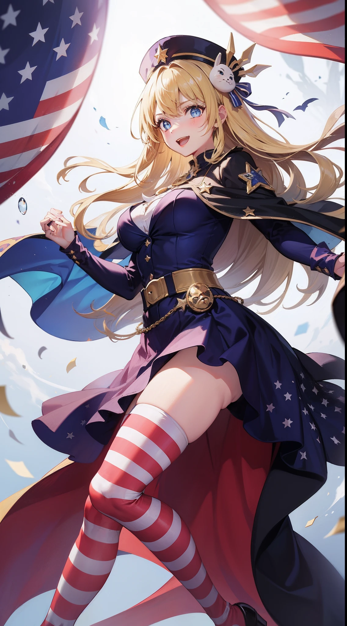 1girls, american_flag, american_flag_dress, american_flag_legwear, american_flag_print, belt, black_cape, blonde_hair, blue_eyes, cape, hat, jester_cap, long_hair, looking_at_viewer, mask, multiple_girls, neck_ruff, open_mouth, smile, star_(symbol), star_hair_ornament, star_print, striped, striped_legwear, superhero, thighhighs, wand,