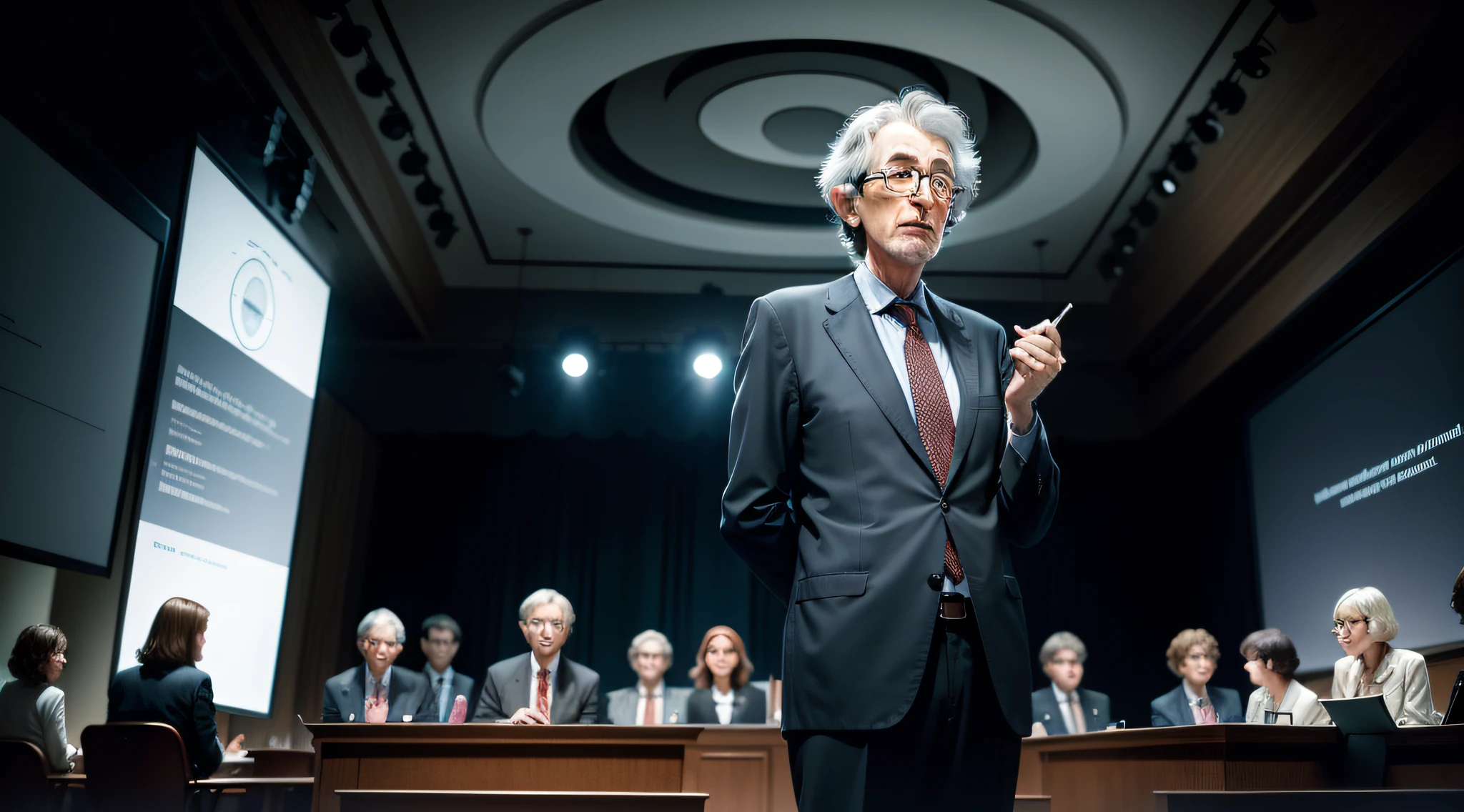 The image depicts the moment when psychologist Howard Gardner presents the Theory of Multiple Intelligences.
In the center of the image is a stage in a conference room, with a podium in the middle. Howard Gardner is standing at the podium, holding a microphone and looking confidently out into the audience. He is wearing clothing from the 1980s, reflecting the era of the performance.
The audience is made up of a mix of academics and those interested in the subject. They are sitting in rows of chairs, looking intently at Gardner and listening to his words. Some are taking notes, while others are nodding their heads in interest.
At the back of the stage is a projection screen displaying a diagram or graph illustrating the different multiple intelligences in Gardner's theory. This helps to visualize the concepts being presented.
Lighting is focused on the stage and podium, highlighting Howard Gardner and the visuals he is using to explain the theory. The colors are realistic and correspond to the era, with color tones typical of the 80s.
There are no visual distractions in the image, keeping the focus on the central figure, Howard Gardner, and his presentation.
In summary, the image simply and objectively portrays the moment when psychologist Howard Gardner presents the Theory of Multiple Intelligences in the 1980s. It captures the atmosphere of an academic conference and highlights the speaker and the visual elements used to explain the theory .