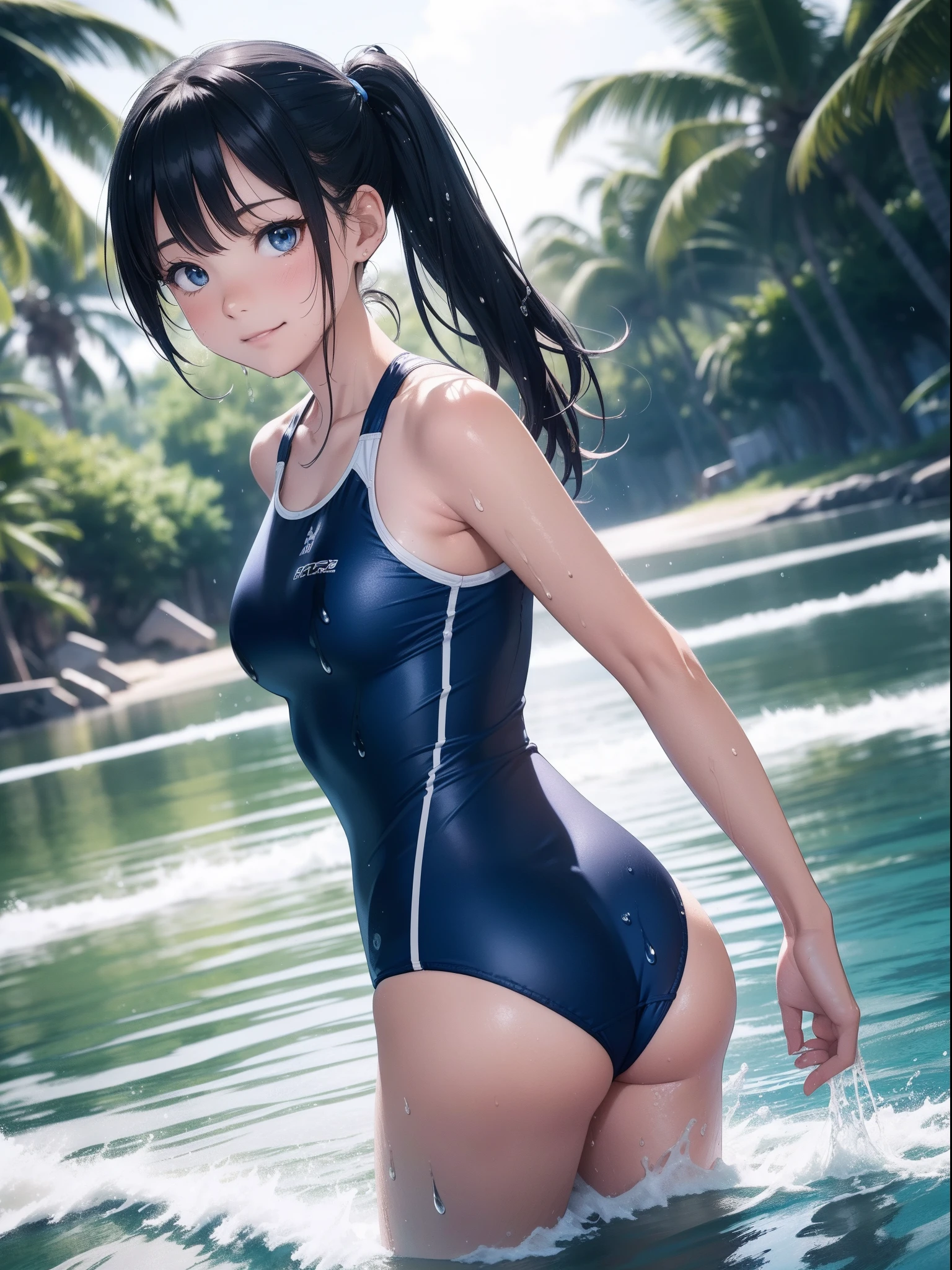 masutepiece, Best Quality, hyper detailed illustration，beautiful artwork，(Extreme Detail CG Unity 8K wallpaper、​masterpiece、top-quality)、(exquisite lighting and shadow、highly dramatic picture、cinematic lens effects)、Illustration of cute girl in blue swimsuit on dock, 1girl in, Swimsuit, Ass, Solo, Water, Black hair, onepiece swimsuit, Looking at Viewer, Smile, (poneyTail), (dark blue school swimsuit), (Plain School Swimwear)，Outdoors, (Beach)， breasts, Long hair, (Dark Blue School Swimwear:1.2), Bangs, Closed mouth, Blue one-piece swimsuit, Bare shoulders, day，(Wet)，(Water splash)，walking on water，(bending forward)，