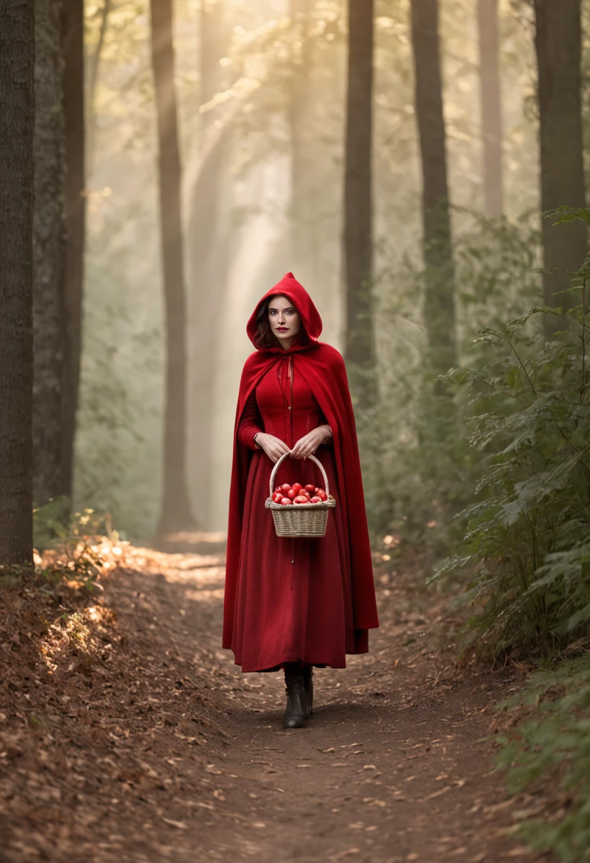 Little Red Riding Hood standing on a narrow path in the forest. She is wearing her iconic red hood and holding a wicker basket. Golden sunlight penetrates through the leaves of tall trees, creating patterns of shadow on the ground. A soft mist envelops the trees in the background, giving the scene an eerie feel. Little Red Riding Hood's eyes show determination, but also a hint of curiosity and caution. All around her, small forest animals peek out from among the foliage, watching with curious, glowing eyes. Create an image that captures the magical and enigmatic atmosphere of this moment in the enchanted forest.