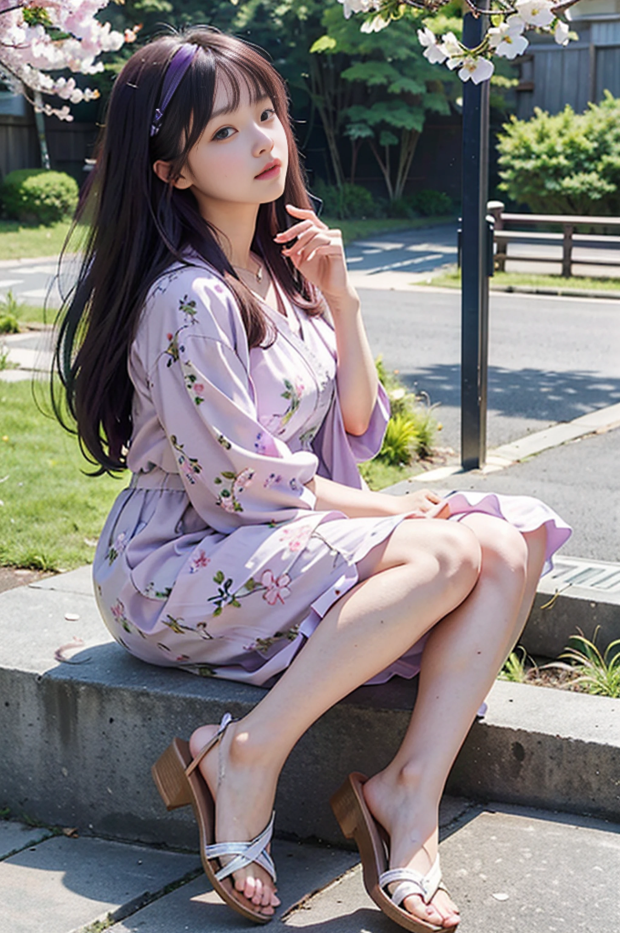 8k, raw camera, highres, detailed, masterpiece, portrait, photorealistic, hyperrealist, aesthetic, beautiful, best quality, highly detaile, best quality clothing, aesthetic clothings, professional angle, rule of thirds, Feminine, delicate, beautiful, 19 years, attractive Japanese, (solo), 1 girl, (Nagisa Kubo), (In Cherry Blossom Garden), (Medium shot), ((From Semi Profile) Soft), Sunlight Glow, ((Joyful)), (Long Hair, Black Hair), (Flowing Curls Hair, Bangs, Straight Hair), ((Purple Highlights Hair)), (Purple Eyes, Half-opened Eyes, Playful Gaze), (Blushed, Arms crossed), (Relaxed, Mouth Gentle Smile), -, -, (Average Bust), ((Floral Dress, Sandals)), (-, -), (Sunlit Patterns), beautiful body, beautiful eyes, shiny eyes, shiny hair, beautiful mouth, beautiful lips, beautiful skin, beautiful face