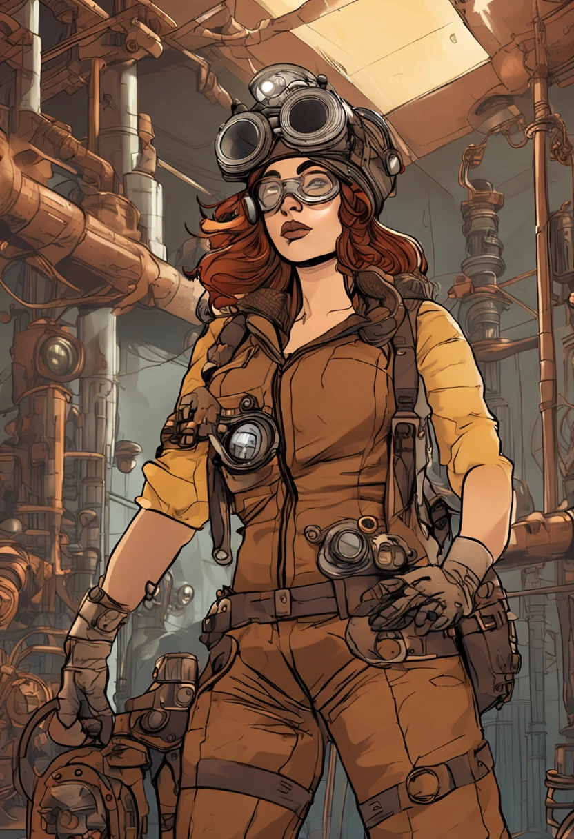 Steampunk woman who is a brilliant engineer and inventor of steam-powered machines. She wears a brown leather jumpsuit adorned with gears and a helmet with goggles. She carries a backpack full of tools and fountain pens to jot down her revolutionary ideas.