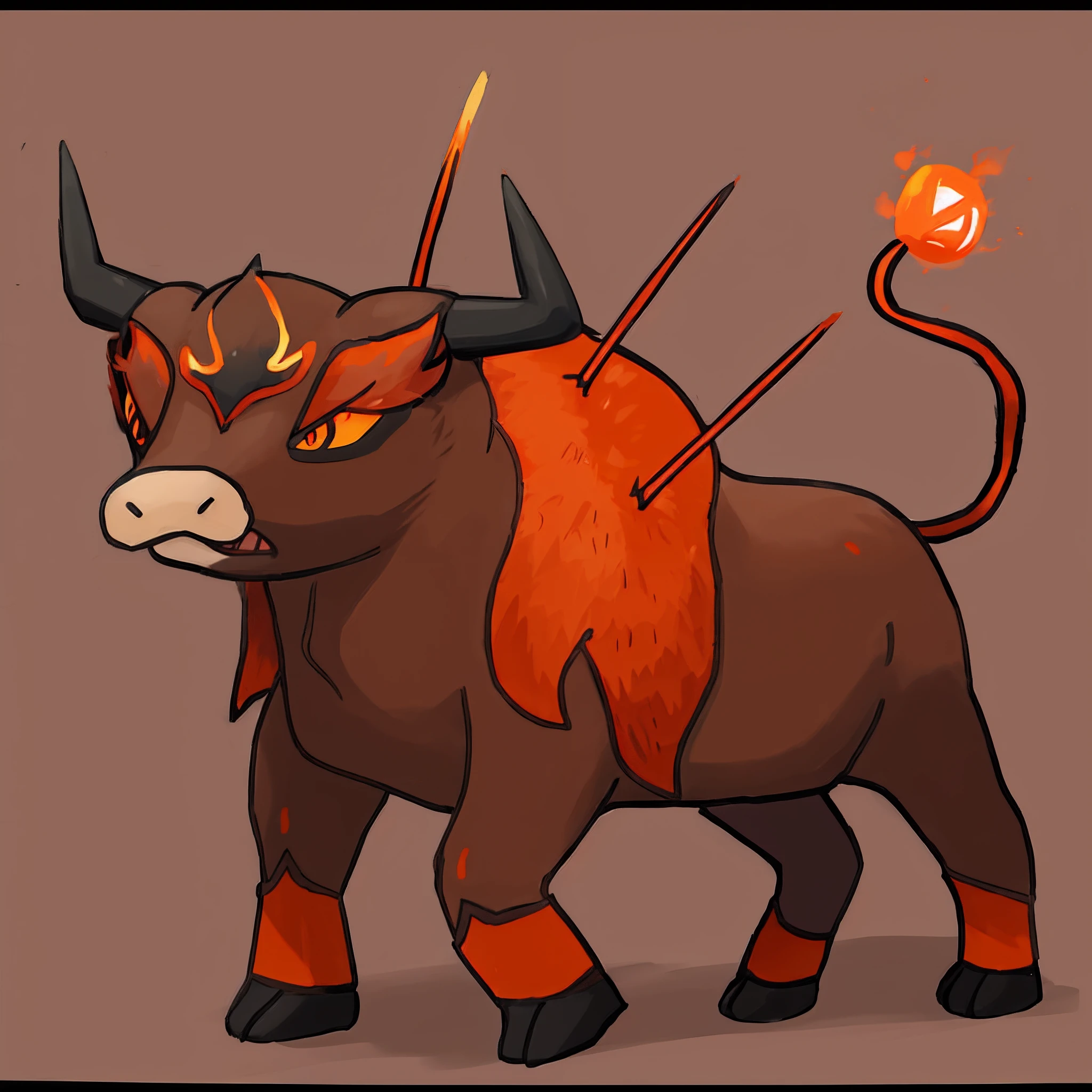 sugimori ken \(style\), pokemon \(creature\), (tauros) , (emboar),
 solo, simple background, orange eyes, angry, bull, standing, full body, (no humans), hooves, white background, dark grey body, red fire on head, red fire eyebrows, orange flame fleece on back, wooden spears sticking out of back, burner on tip of tail