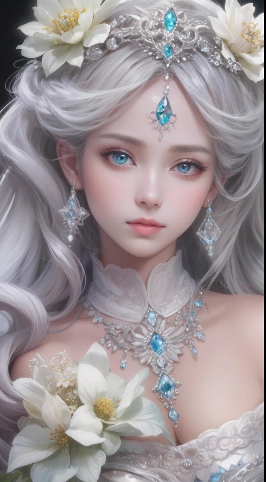 tmasterpiece,Highest high resolution,A bust of a beautiful royal maiden,Delicate braided hair,Coiled hair,Shining clear eyes,The hair is covered with beautiful and delicate floral craftsmanship, crystal、Diamond jewelry filigree,Ultra-detailed details,upscaled,softlighting。