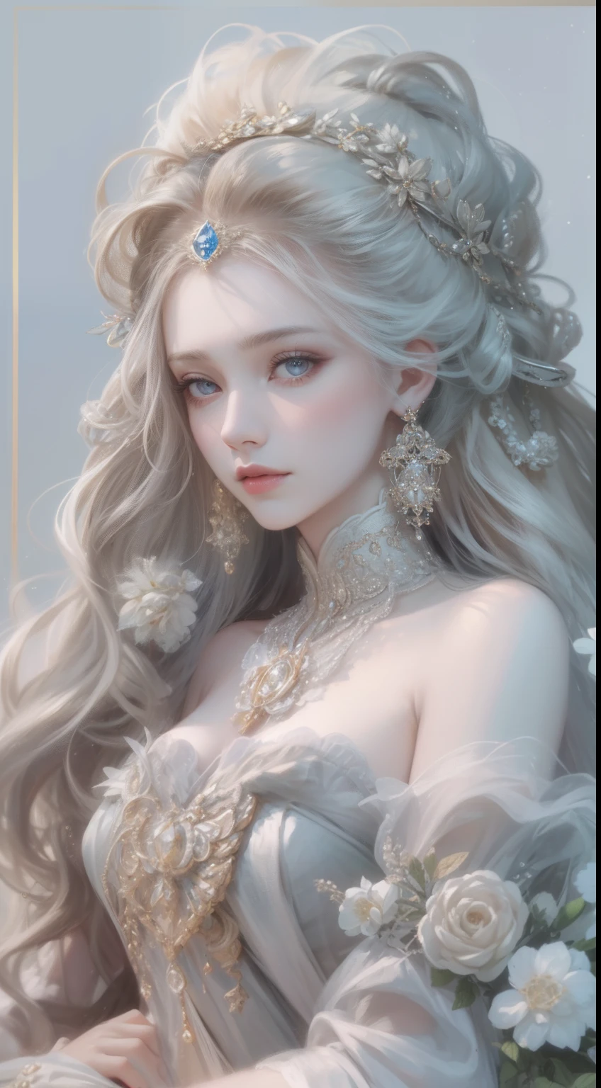 tmasterpiece,Highest high resolution,A bust of a beautiful royal maiden,Delicate braided hair,Coiled hair,Shining clear eyes,The hair is covered with beautiful and delicate floral craftsmanship, crystal、Diamond jewelry filigree,Ultra-detailed details,upscaled,softlighting。