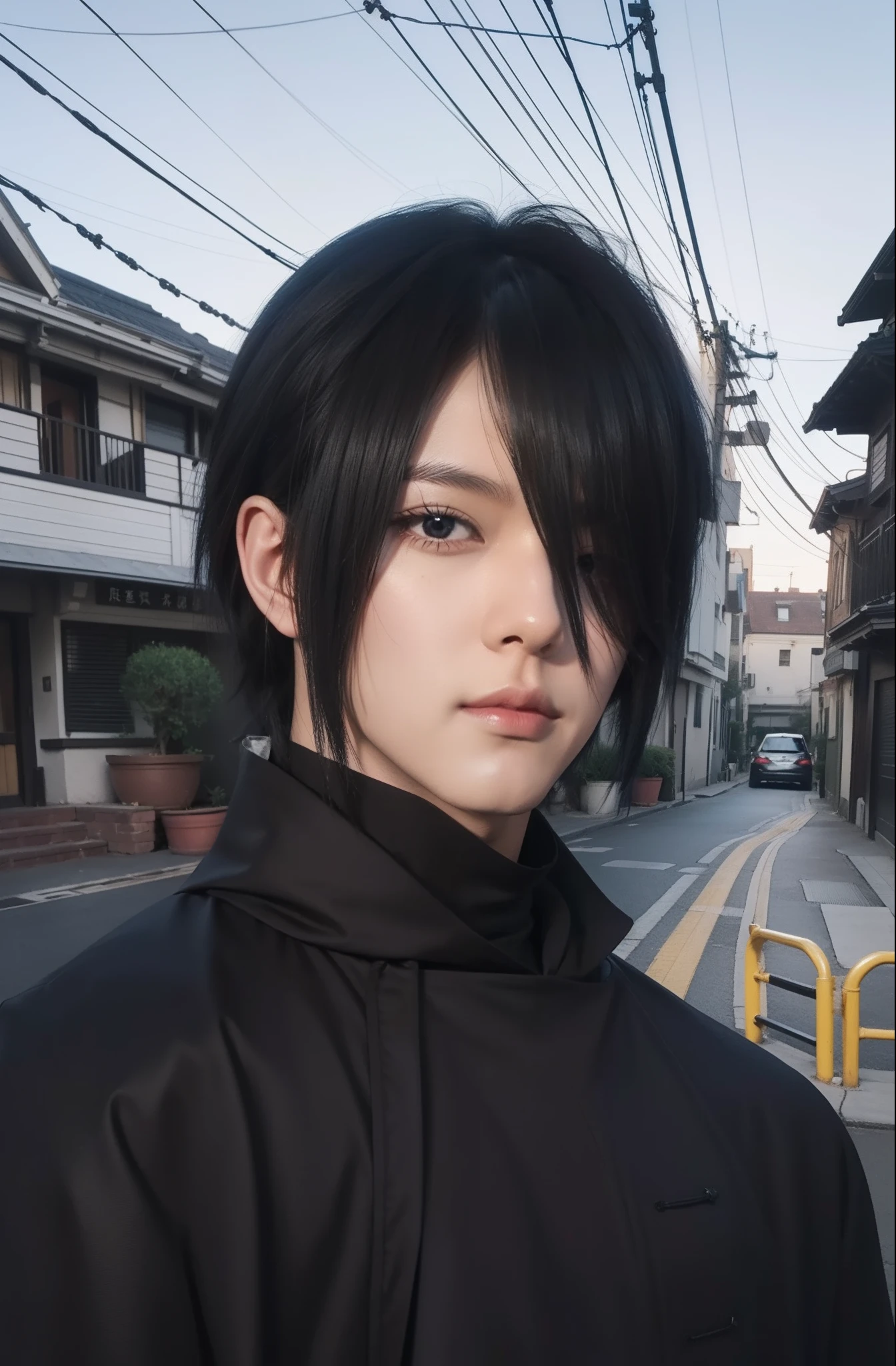 real Life adaption of this character,his name is Sasuke uchiha from anime naruto ,hyper realistic ,detailed similar black hair, high resolution, photorealistic,very detailed,realistic outfit wear black cloak with a collar ,korean teen handsome ,detailed shining eyes,(photoreapistic:1.4)