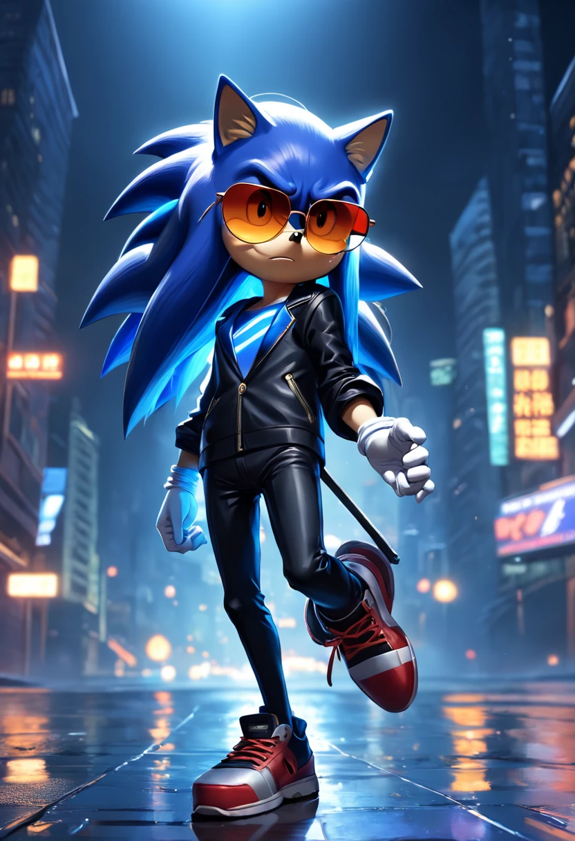 "uma detalhada, Hyper-realistic illustration of Sonic in black spy clothes and sunglasses with serious expression on his face in a dynamic pose, Night scenery, Dramatic lighting and hyper-realistic drawing style."