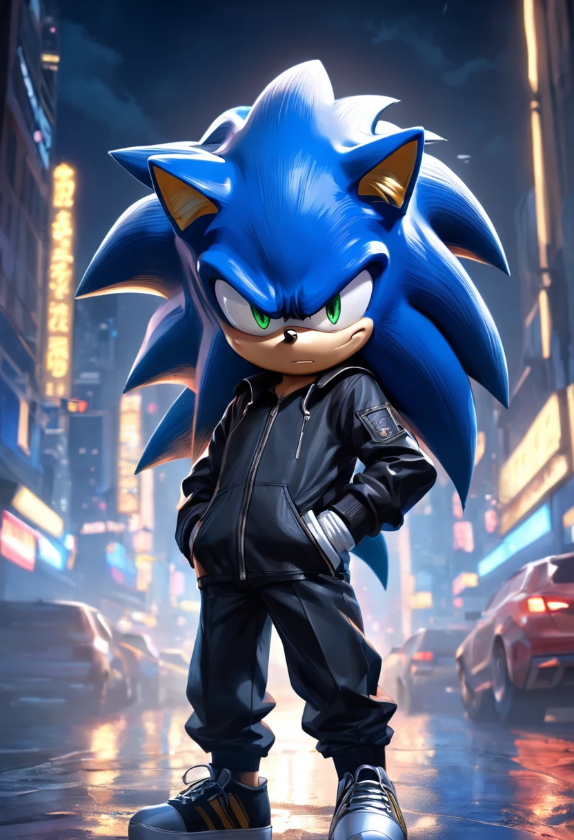 "uma detalhada, Hyper-realistic illustration of Sonic in black spy clothes and sunglasses with serious expression on his face in a dynamic pose, Night scenery, Dramatic lighting and hyper-realistic drawing style."