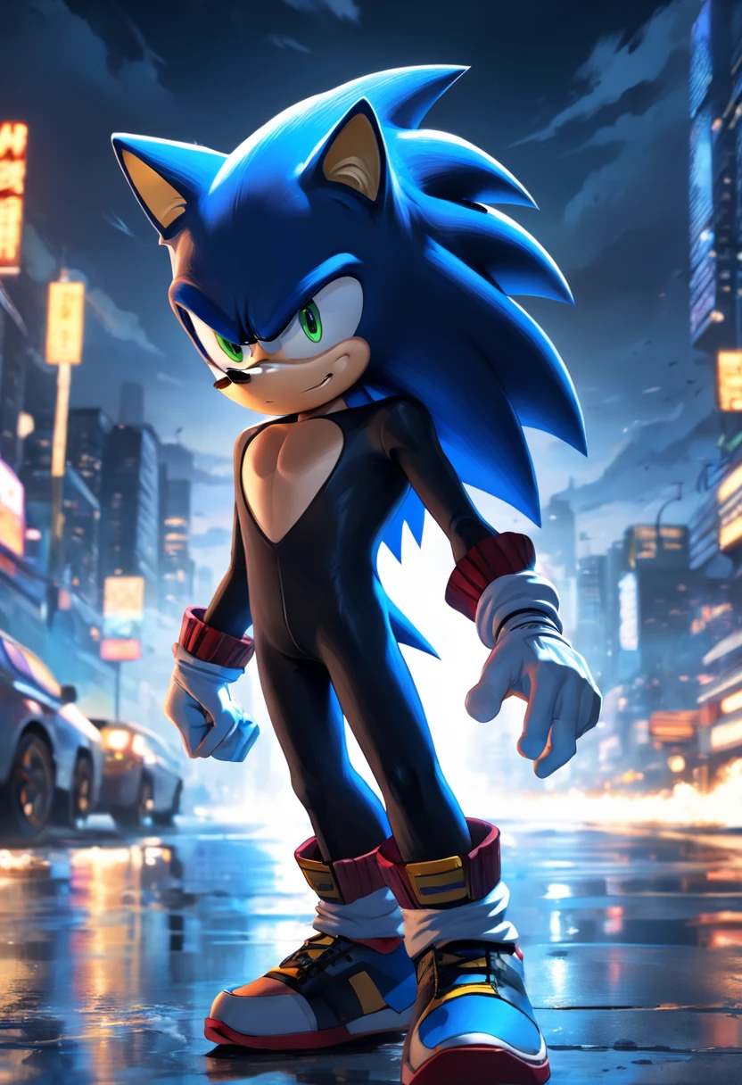 "uma detalhada, Hyper-realistic illustration of Sonic in black spy clothes and sunglasses with serious expression on his face in a dynamic pose, Night scenery, Dramatic lighting and hyper-realistic drawing style."