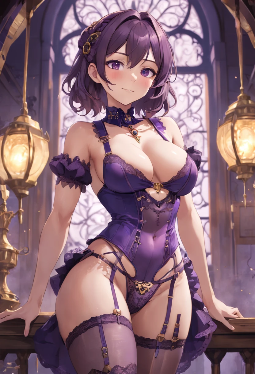 (((NSFW))), a stunning magica fantasy full-body portrait of a busty steampunk woman in dark purple lace underwear, wearing a garter belt, , emphasizing her feminine features. Plunging Neckline, Small Ears, Brown Hair, Happy Smile, Dynamic Pose, Ticker, Fantasy, Extreme Detail, 4Kde, Ultra HD, Trending on ArtStation, Polished, Radiant, Vibrant , background light, 8Kdende UltraHD, Unreal Engine 5 potion, intricately detailed, 3D vray finely