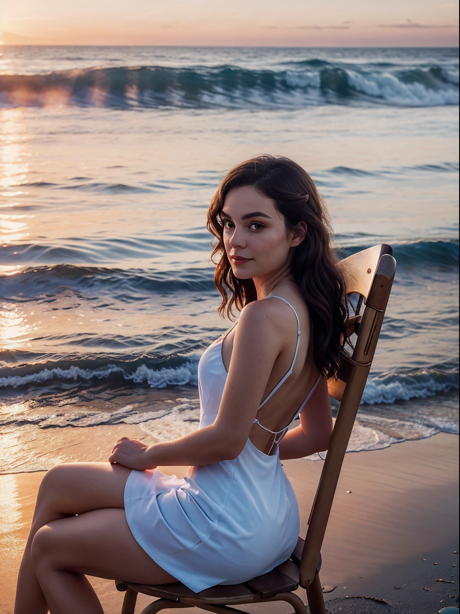 Arafed woman sitting on a chair on the beach at sunset - SeaArt AI
