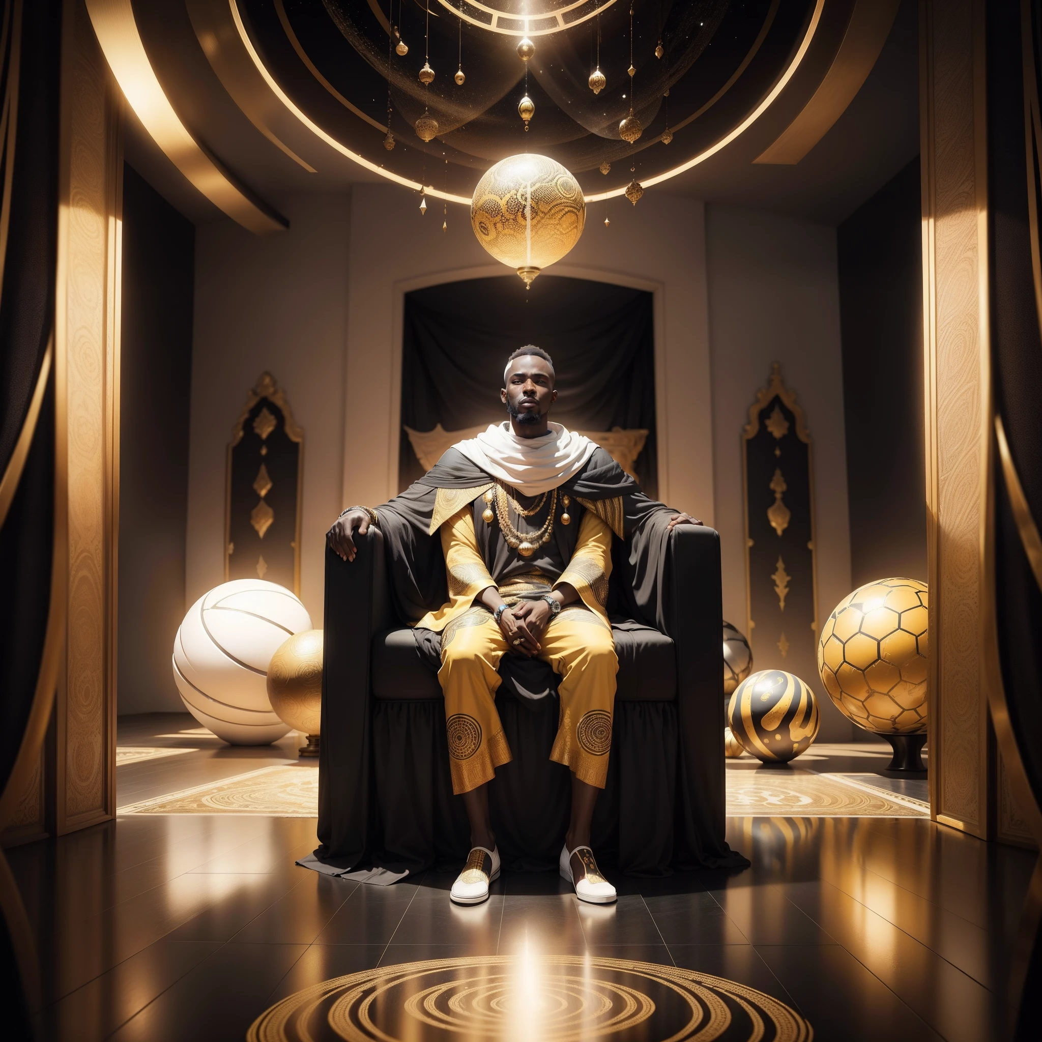 An African man dressed in African clothes sitting on a yellow sphere in a black and white room, black and white room with abstract shapes and stairs, with iridescent light, highly detailed images, vibrant beautiful colours, photorealistic image, 8k, ultra HD, unreal engine rendered, cinematic lighting, artgerm style,