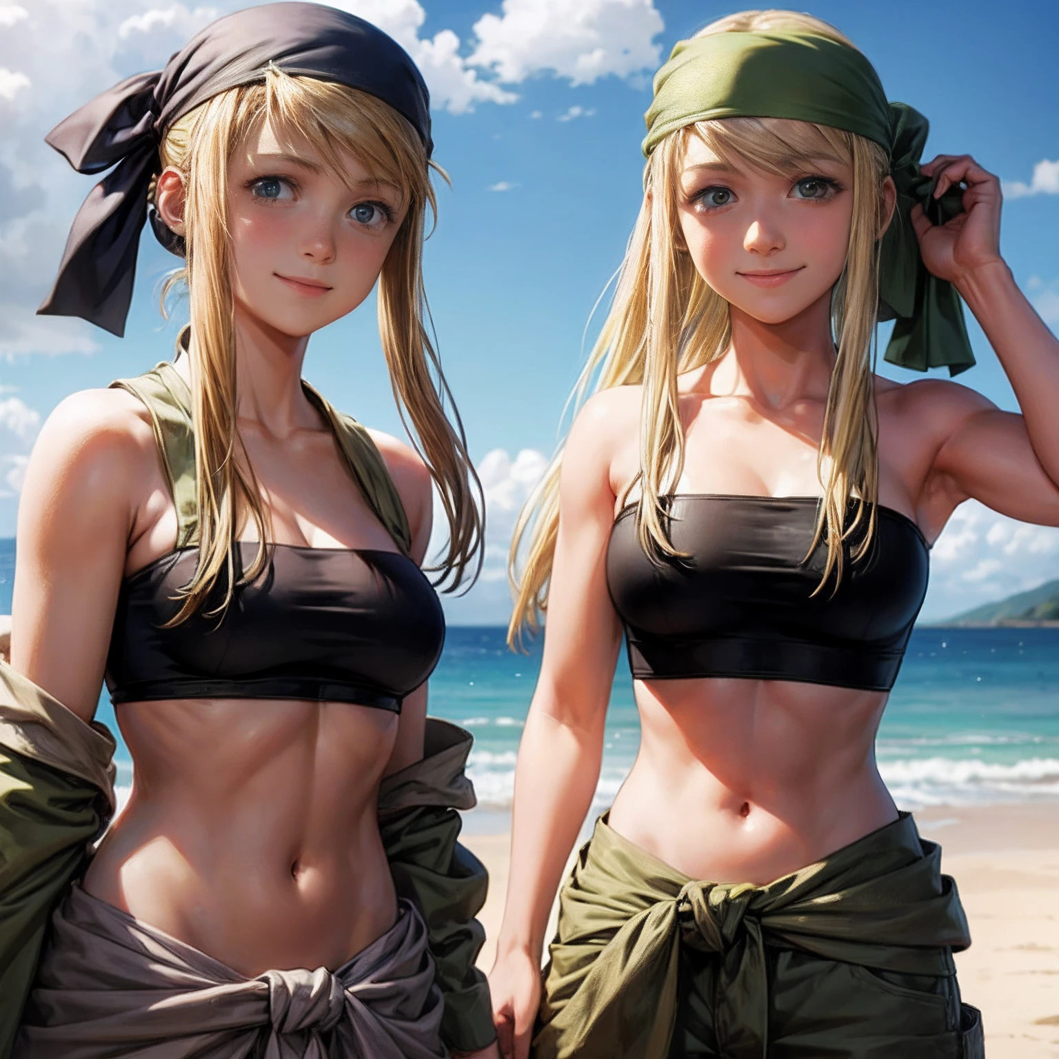 winry rockbell from full metal alchemist looking exhausted with a big smile, navel, cleavage, bare shoulders, collarbone, earrings, midriff, pants, stomach, bare arms, strapless, bandana, bandeau, athletic