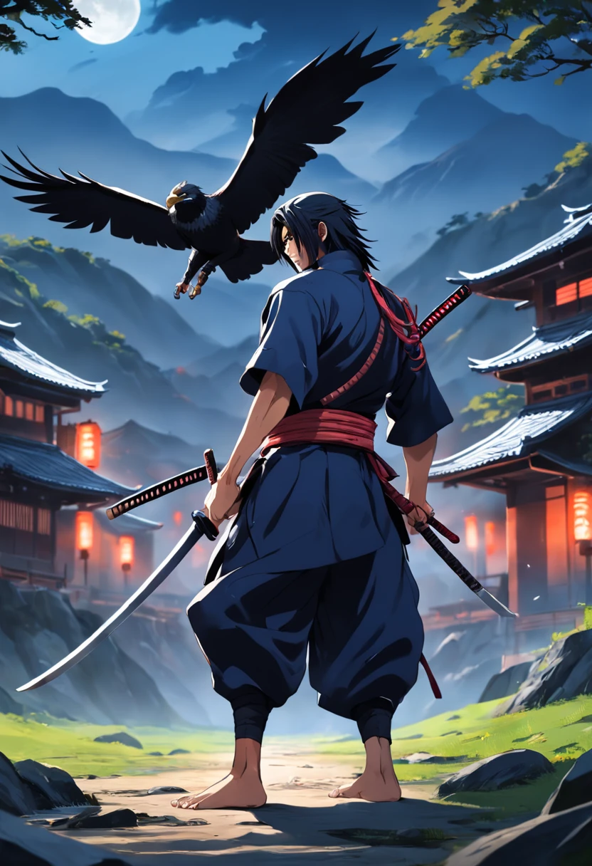 samurai ninja assassin in the village holding eagle.