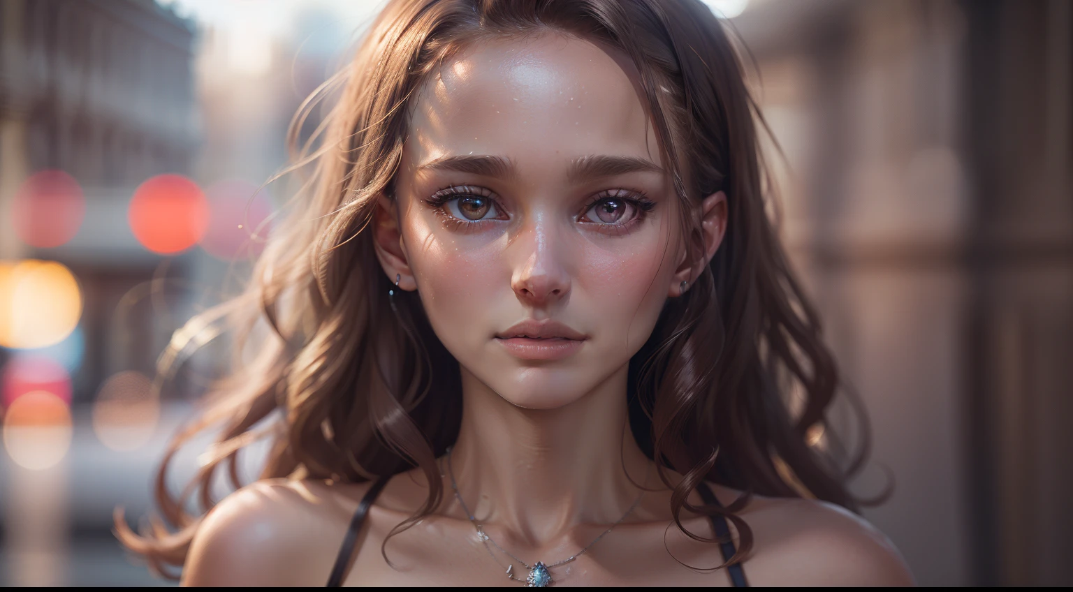 Full face portrait photo of 21 year old French girl, raw, Beautiful woman, Semi-open strawberry lip, Dimples, wistful look, Blue eyes, Big pupils, big eyelashes, Diamond necklace,Light pink dress(Extra long wavy brown hair), ((Detailed face)), ((detailed facial features)), (finely detailed skin), pale skin, (Detailed Deep Neckline High Tech Cyberpunk Dress), Sunny Parisian cityscape, (cool color), moist, moist, Reflectors, (masutepiece) (Perfect aspect ratio) (photos realistic) (Best Quality) (Detailed) photographed in a Canon EOS R5, 50mm Lens, F/2.8, nffsw, (8K) (Wallpaper) (Cinematic lighting) (Dramatic Lighting) (Sharp Focus) (Convoluted)