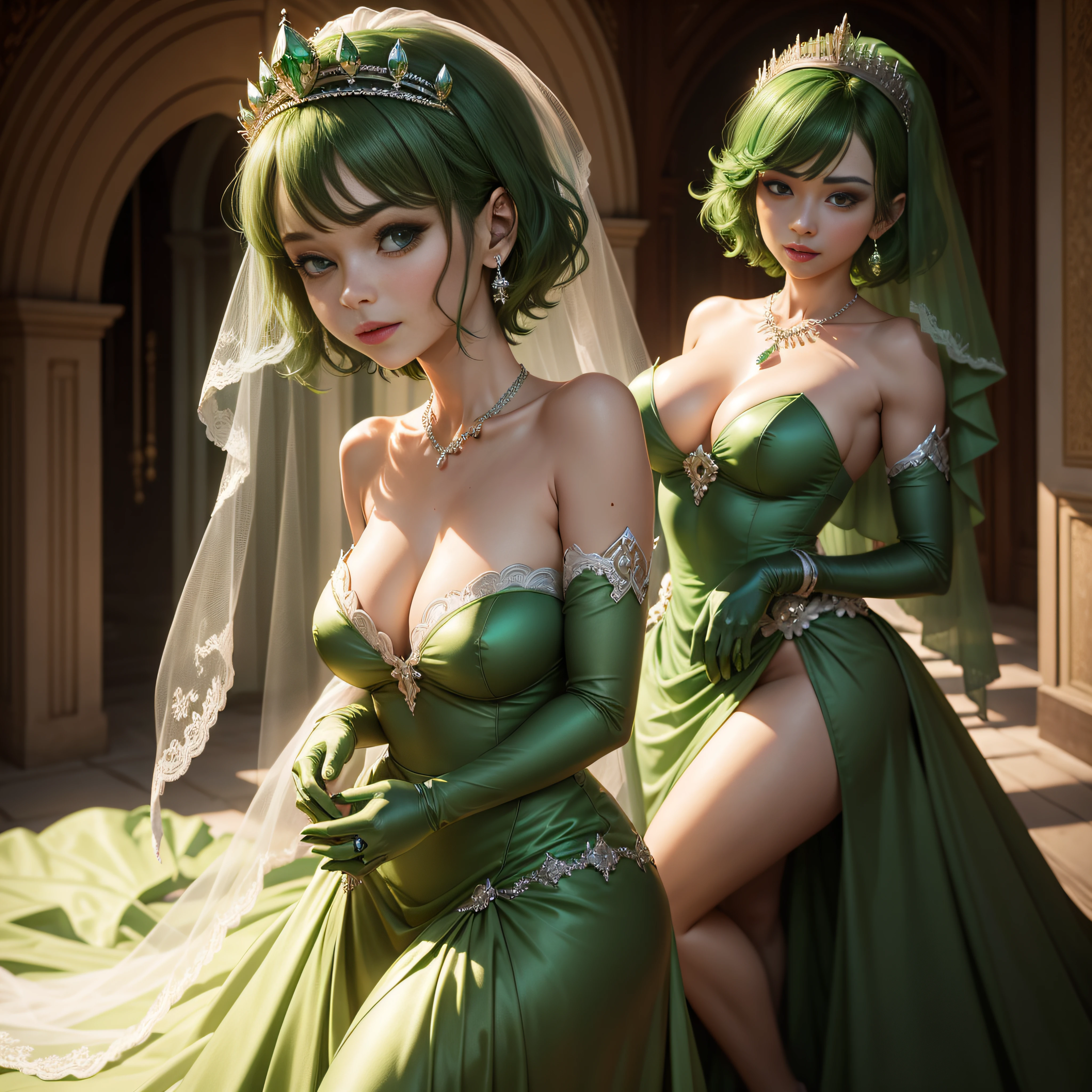 bride,Sense of atmosphere, best qualtiy,tmasterpiece,1girll,30-years old,Green dress,chies,full body Esbian, Green gloves,With short green hair,big breasts beautiful,looking at viewert,ssmile,Green Bridal Veil,Green Long Grove,Satin green long gloves, lipsticks, Green Pearl Necklace, Green short hair, emerald tiara