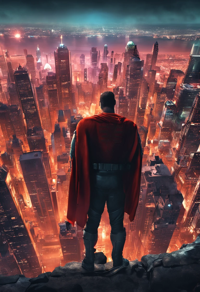 Tocha humana, voando pela cidade, em chamas, noite, Buildings in New York, Fantastic Four symbol on the chest, arms close to the body, voando, em chamas