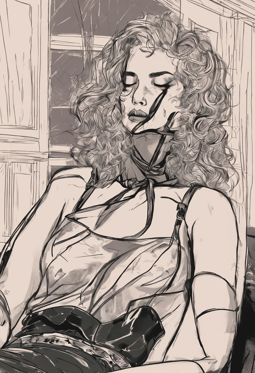 Woman tied with her hands behind her back to the chair crying with her head down, lingerie de couro preto, fetiche, submission,